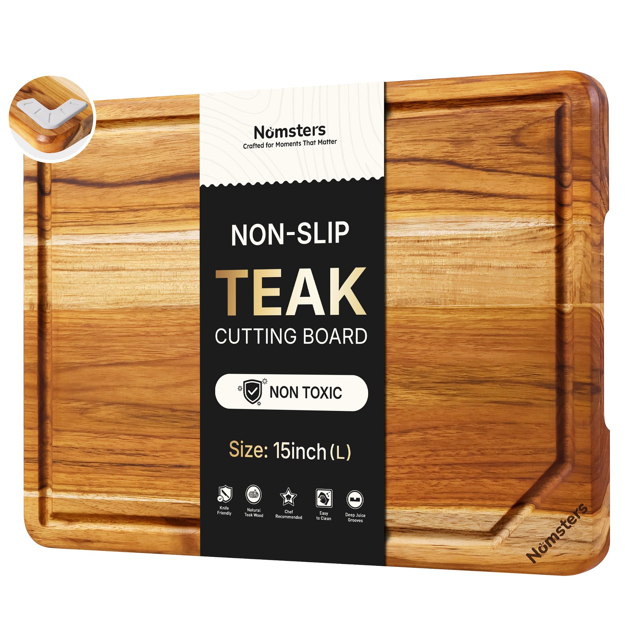 Photo 1 of 15'' Teak Wood Cutting Board for Kitchen Non Slip Over Sink Charcuterie Board Serving Heavy Duty Non Toxic Wooden Chopping Board Thick Haus Organic Edge Grain Wood Long-Lasting Use