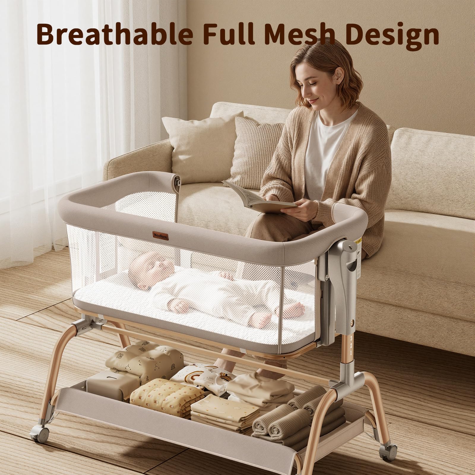 Condition photo showing New/Like New for neoborn 3 in 1 baby bassinet, bedside bassinet for baby, rocking bassinet with breathable full-mesh, mattress and soft sheet, adjustable height, stable and secure crib for newborns