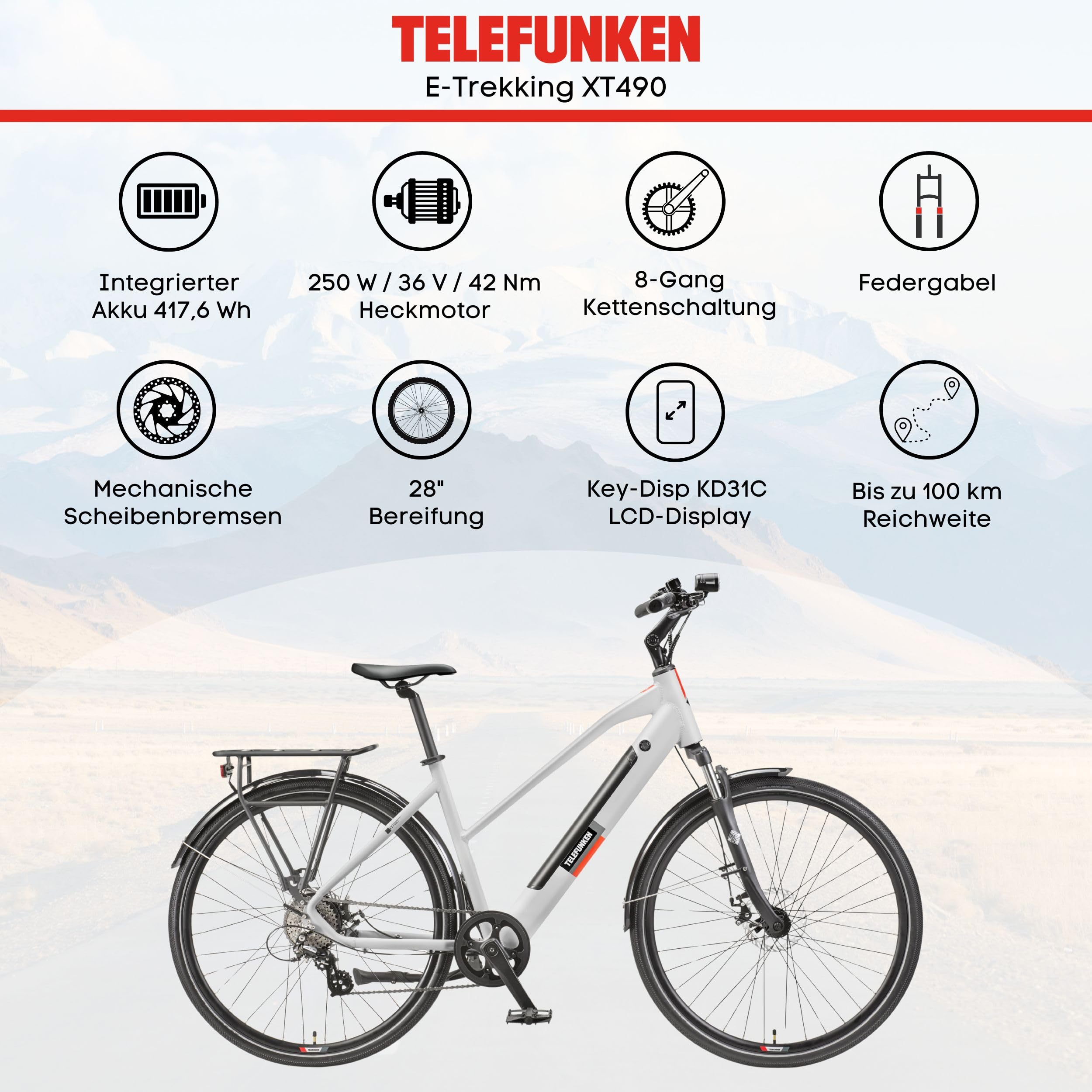 TELEFUNKEN E-Bike 28 Zoll Fahrrad | Trekking Pedelec mit 8-Gang Kettenschaltung & Scheibenbremsen | 250 W Heckmotor & integriertem 417,6 Wh Li-Ion-Akku | inkl. Panzerkabelschloss
