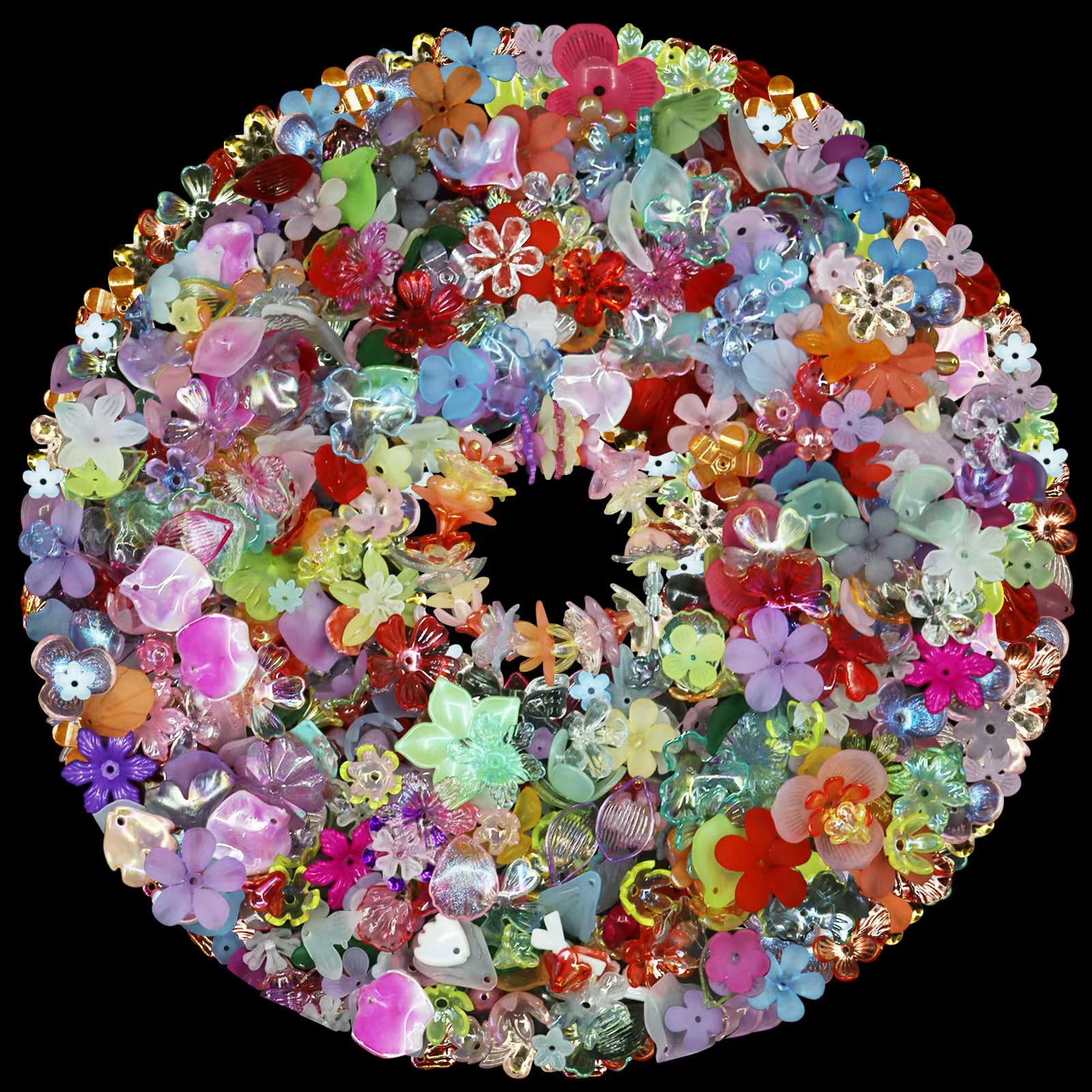 RYKOMO 600 Pcs Acrylic Assorted Beads - Flower, Kawaii Aesthetic, Cute Beads for Bracelets, DIY Jewelry Making, Mobile Phone Chains (Rich Colors)