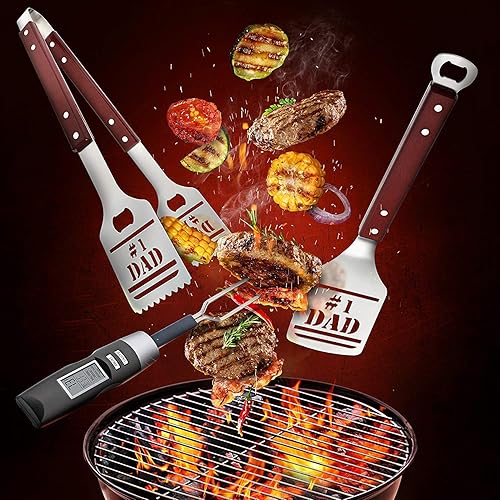 Miniatura 6 de Panoware Juego de herramientas para parrilla de barbacoa para papá, juego de 4 piezas, pinzas número 1 para papá, espátula, termómetro digital y