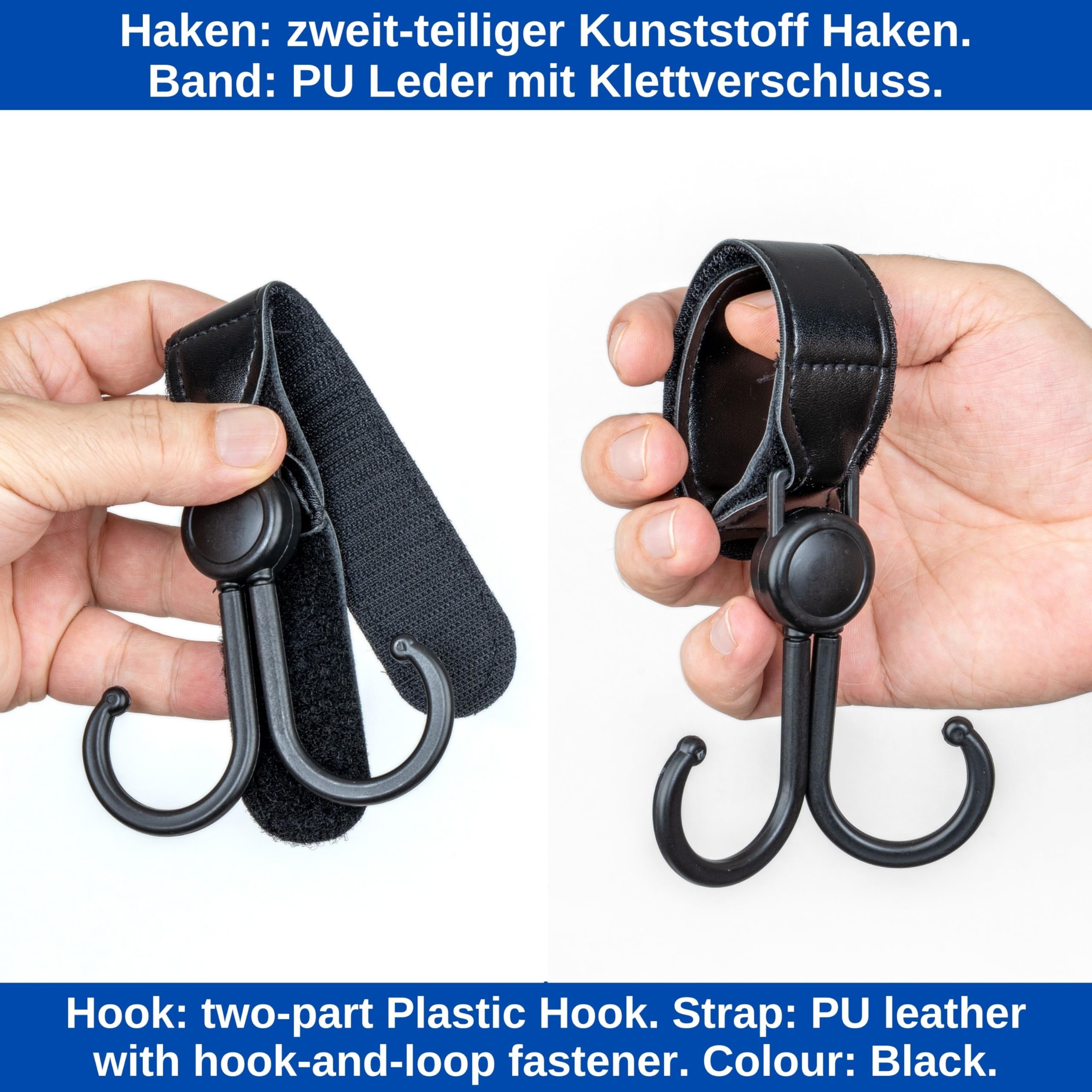 High chair organiser hook, 2 pack, in black, with hook loop fastener - Image 3