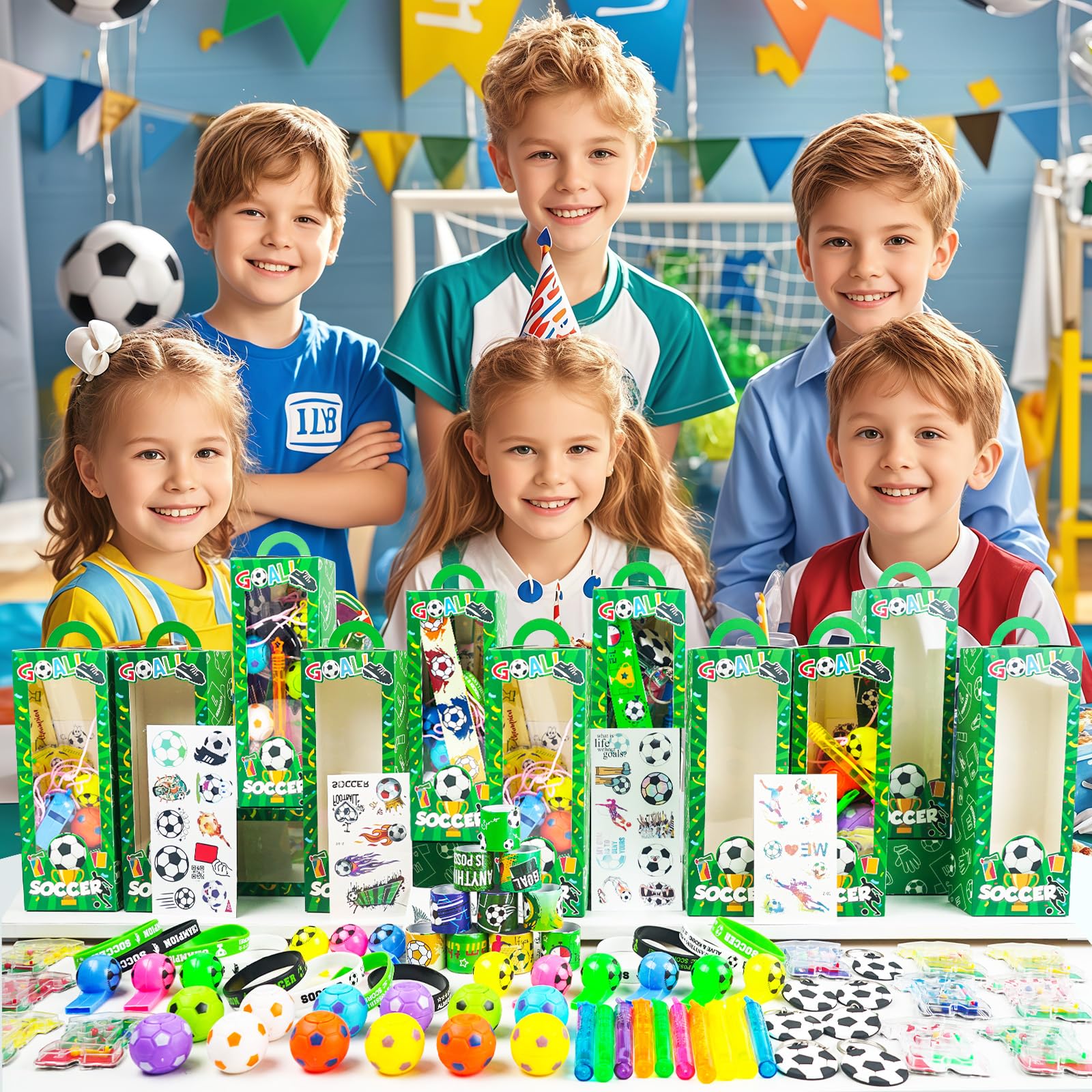 158 PCS Soccer Party Favors Set - Goodie Bags With Bracelets, Whistles & Stickers | Soccer Birthday Supplies