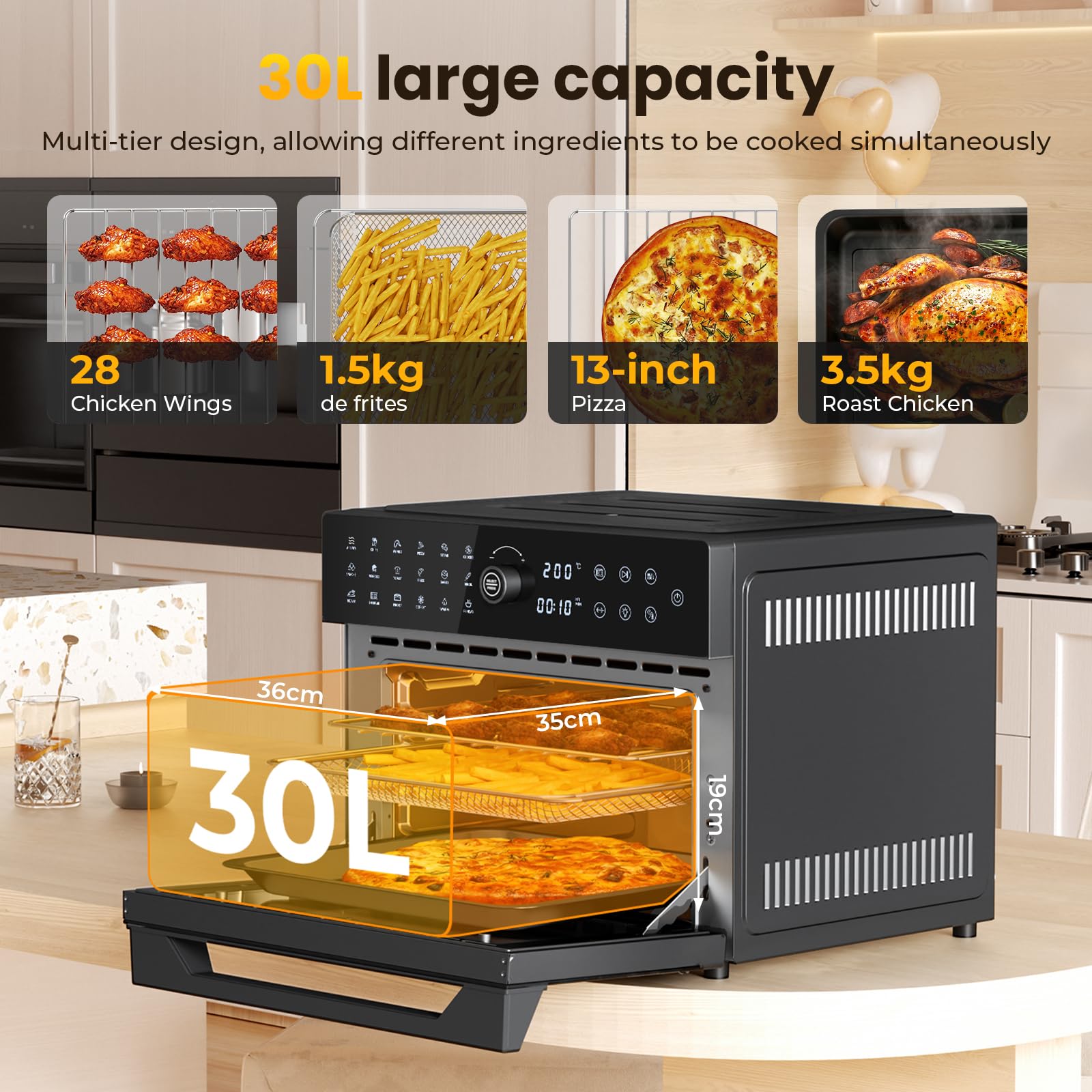 Heißluftfritteuse XXL 30L – Heißluftofen mit Umluft, 18 Programme, 9 Zubehörteile, LED-Touchscreen, Sichtfenster, 1800W, 80-230°C, ohne Öl, inkl. Rezeptbuch