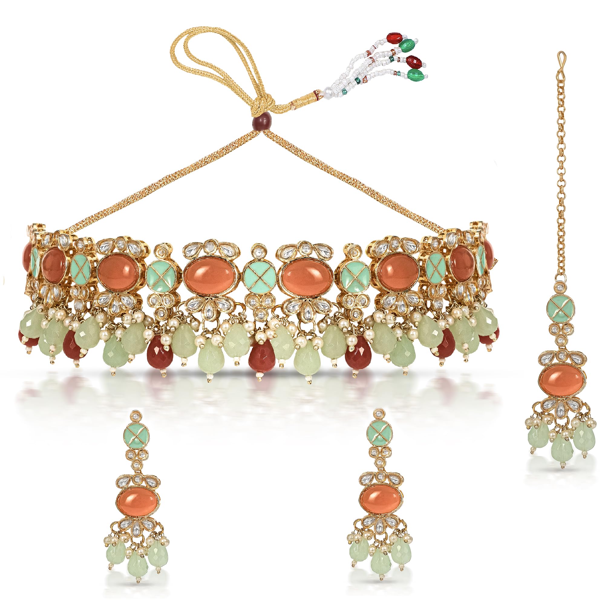 IIJ Golden Toned Kundan and Multi Choker Necklace | Pearls with Round Green-Orange Beads | Dangle Earrings Maang Tikka Set for Wedding Events Jewellery Set Accessories for Women’s & Girls (B0D9YNN41G) Amazon Price History, Amazon Price Tracker