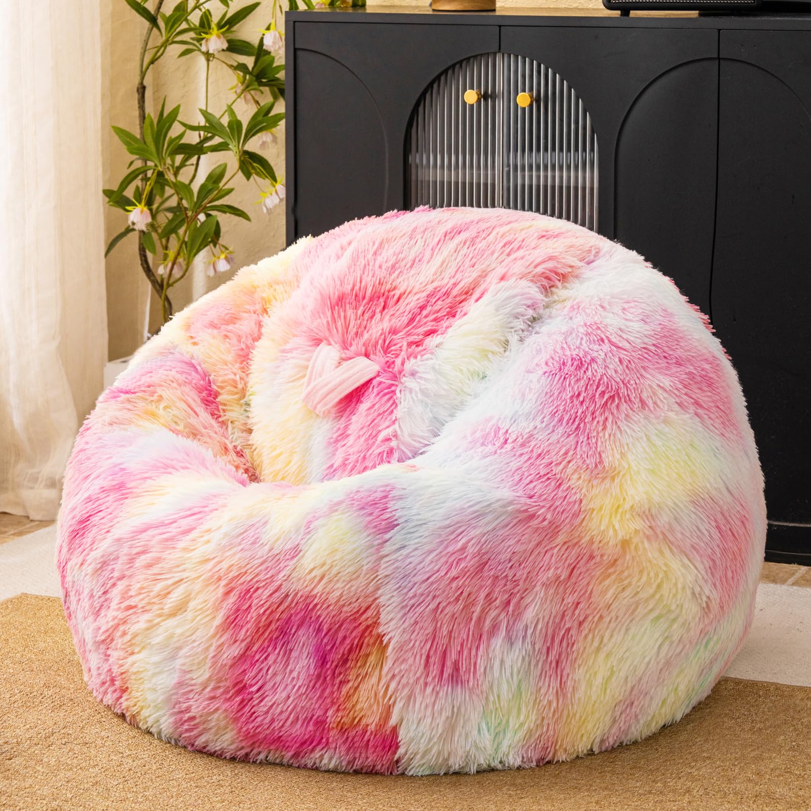 Rainbow plush bean bag chair covers (No Filler), comfy Fluffy Rainbow bean bag chair Cover for bedroom, stuffed animal Storage, kids adults teens