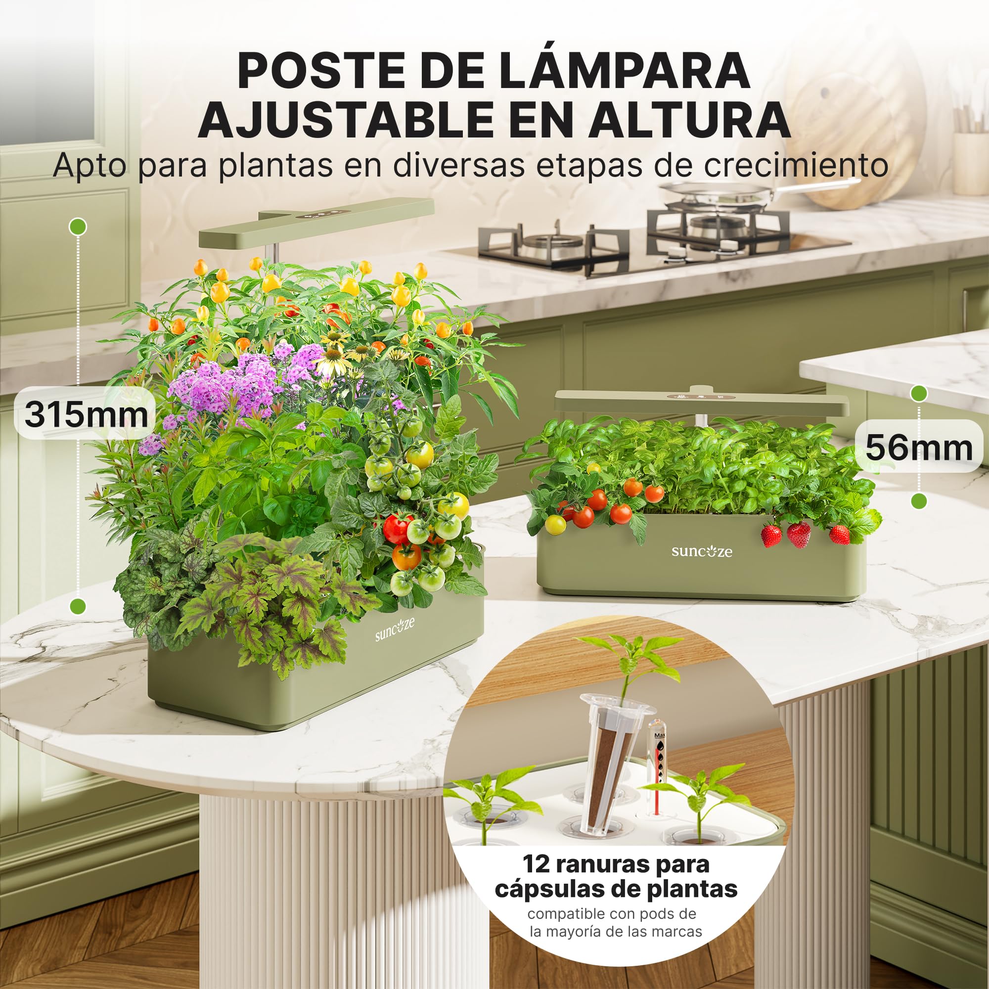 SUNCOZE Sistema de Cultivo Hidropónico Kit de Cultivo Interior con Iluminación LED Automática, Smart Garden 12 Pods, Altura Regulable, depósito de Agua de 4 l, Bomba silenciosa