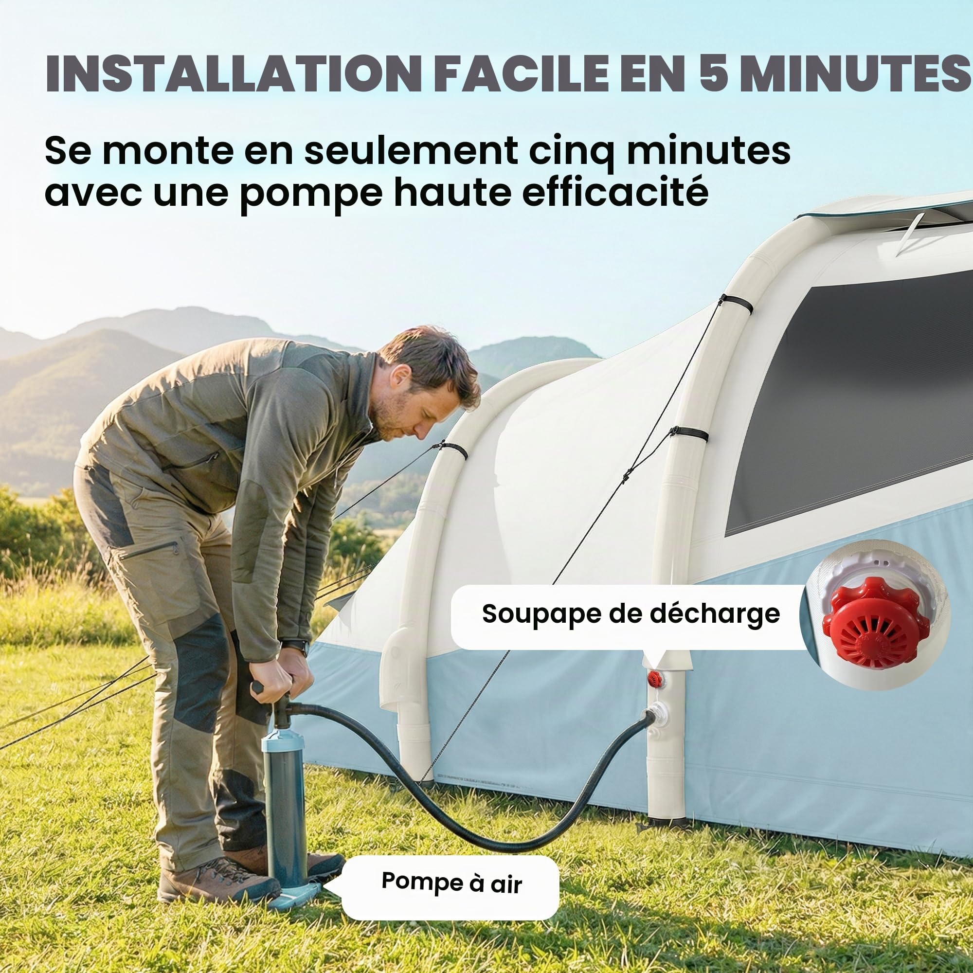 Outsunny Tente de camping gonflable avec pompe à air, installation facile pour 2 à 3 personnes, 3 000 mm, étanche avec 2 pièces, fenêtres, portes et sac de transport