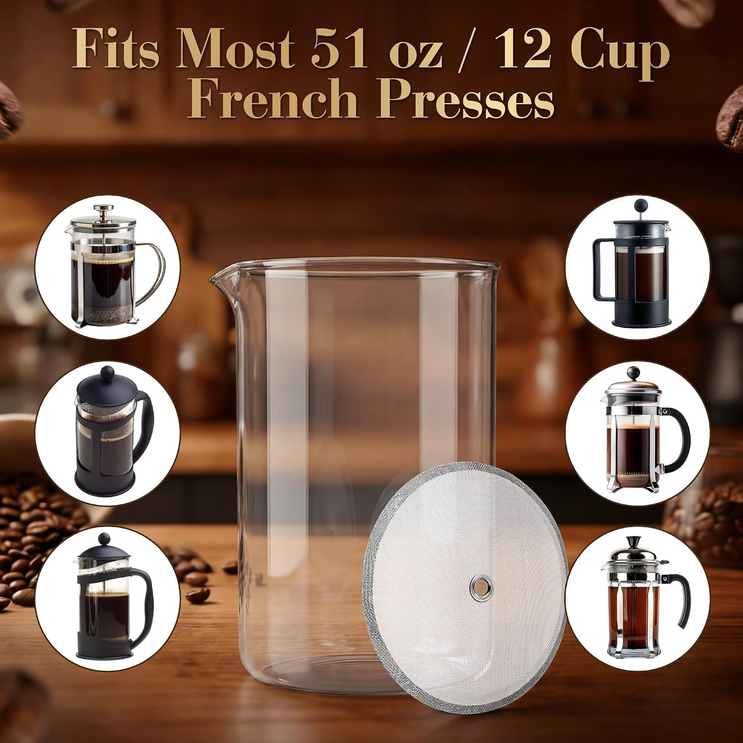 51oz French Press Replacement Glass Carafe, 12-Cup/1.5L Heat-Resistant Borosilicate Beaker with Filter Screen, Compatible With 1512-10 Style 51oz French Coffee Makers