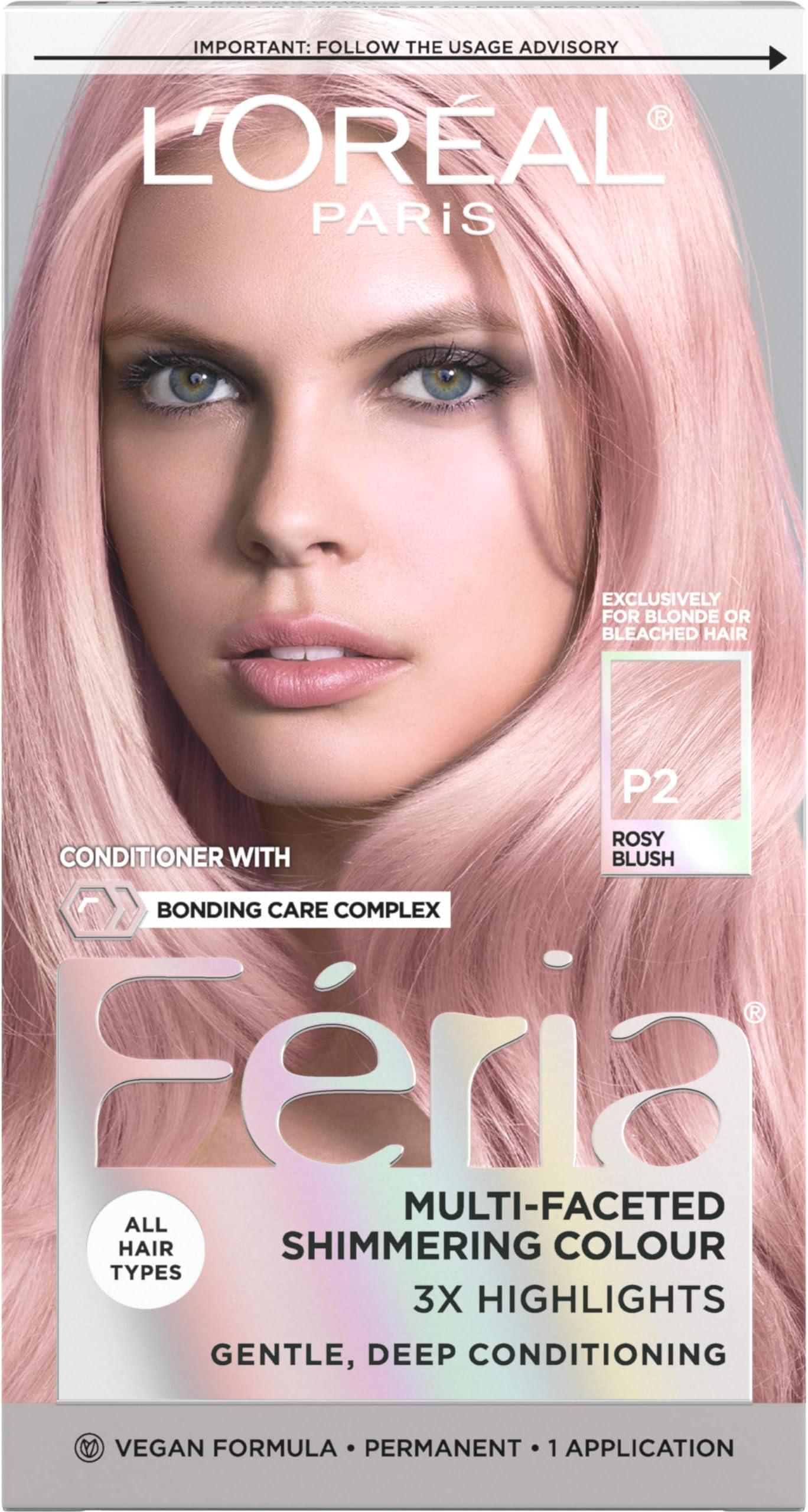 L'Oreal Paris Feria Multi-Faceted Shimmering Permanent Hair Color, P2 Rosy Blush (Smokey Pink), Pack of 1 Hair Dye Kit