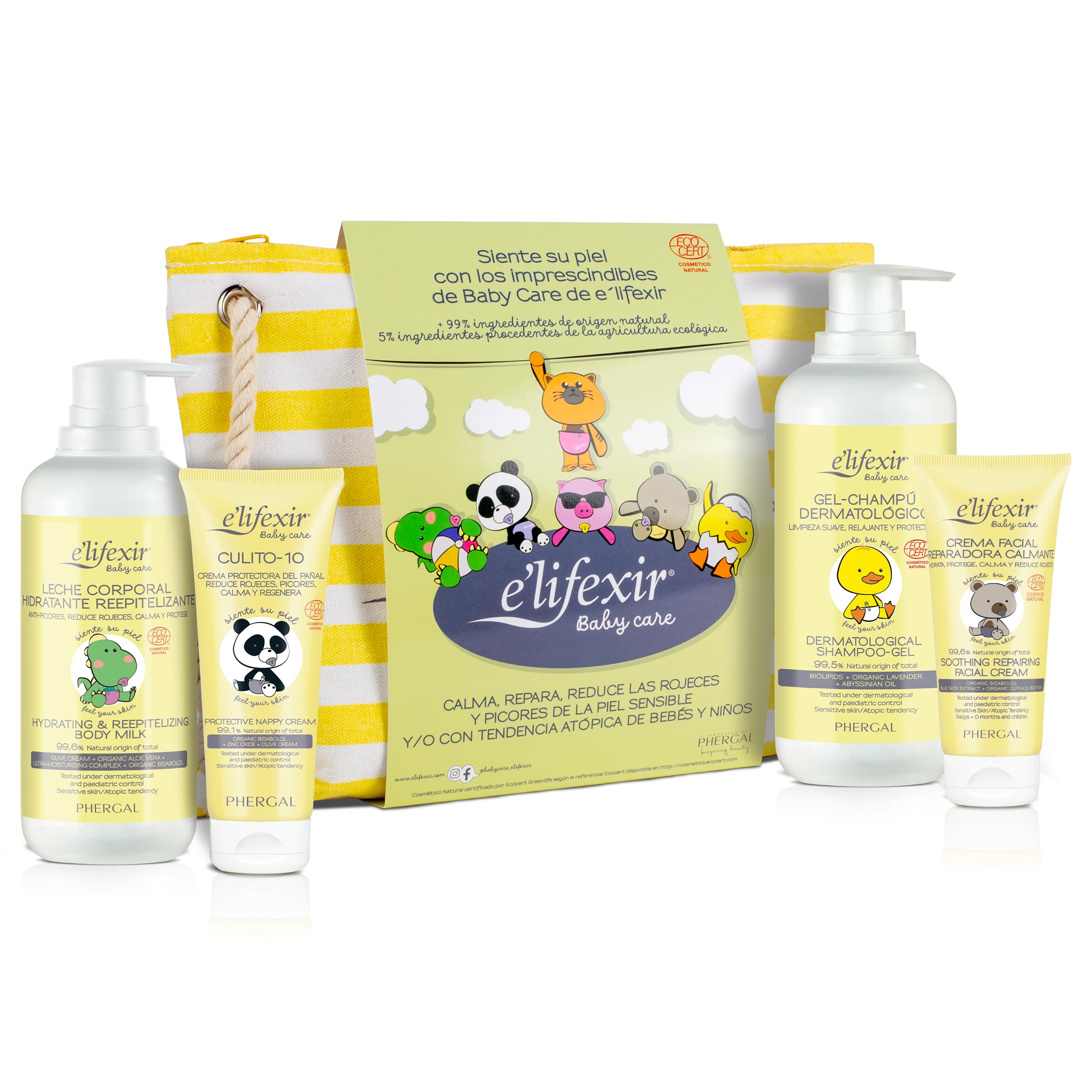 Elifexir Baby Care, Set de Regalo para Bebés o Recién Nacidos, Gel Champu Dermatológico (500 ml) + Leche Corporal Hidratante (400 ml) + Crema de Pañal (75 ml) + Crema Facial (50 ml) + Neceser