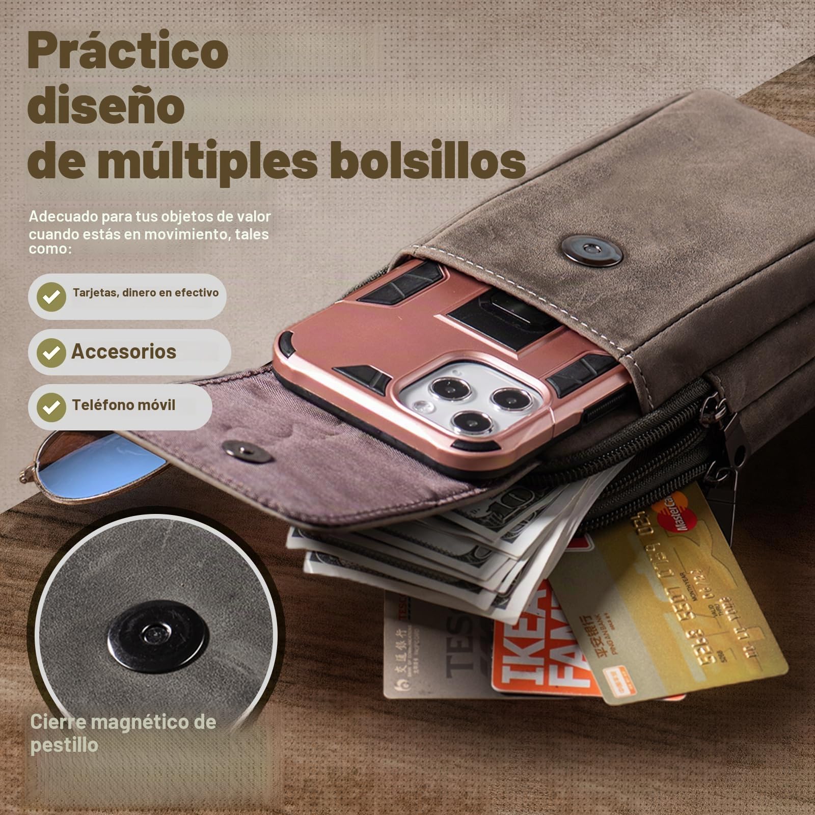Cuero Genuino Bolsa para móvil, Bolsa de Cinturón, Funda Movil Cinturon para Hombre, Fundón de Teléfono, Bolso Cintura con Presilla (Grey)