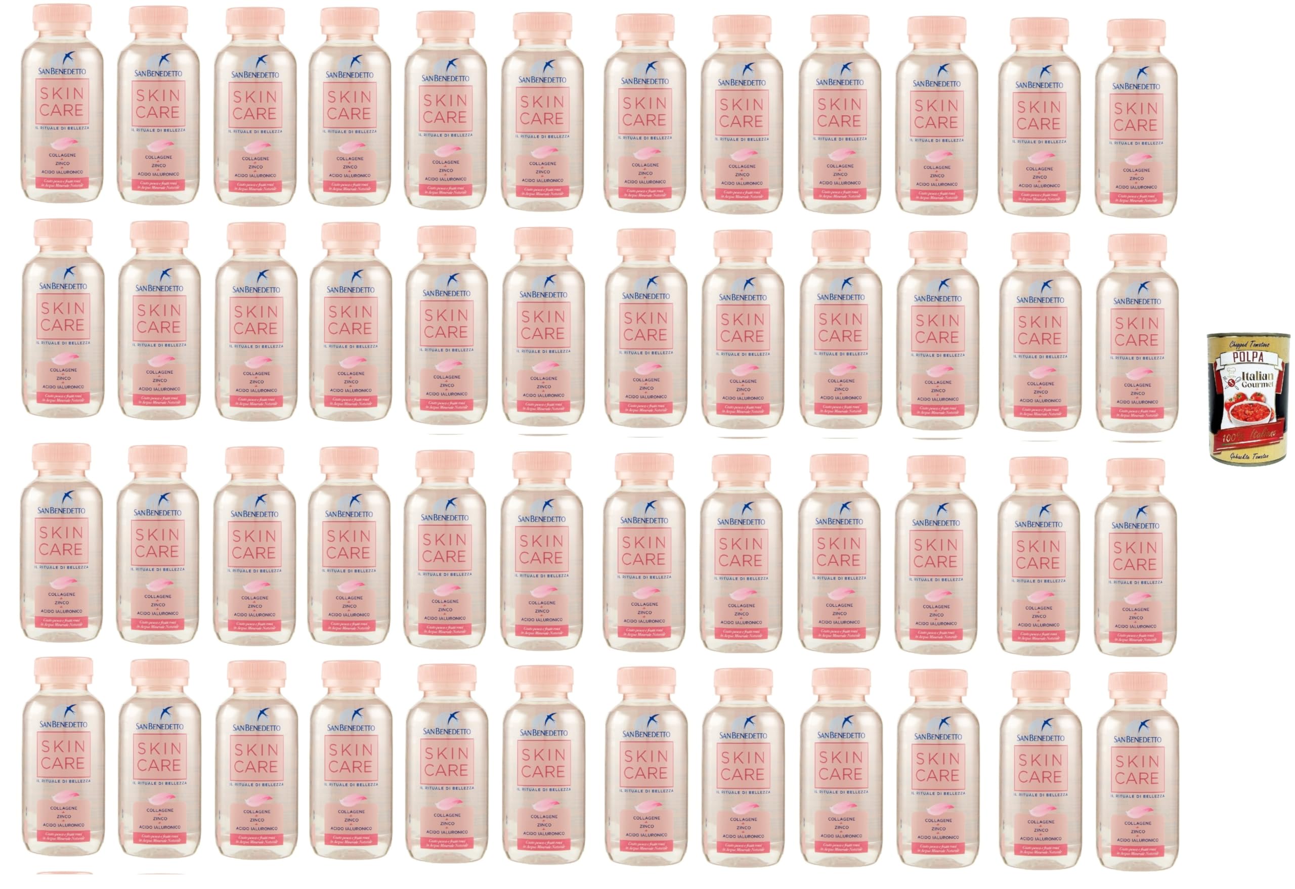 San Benedetto SKINCARE, Agua mineral natural con colágeno, zinc y ácido hialurónico, agua con sabor a melocotón y frutos rojos, 48 x 22 cl + polpa italiana gourmet 400 g