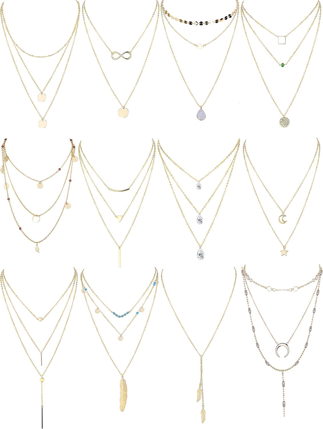FINREZIO 12 PCS Gold Plated Layered Necklace for Women Girls Sexy Long Choker Chain Y Necklace Bar Feather Pendent Necklace Sets