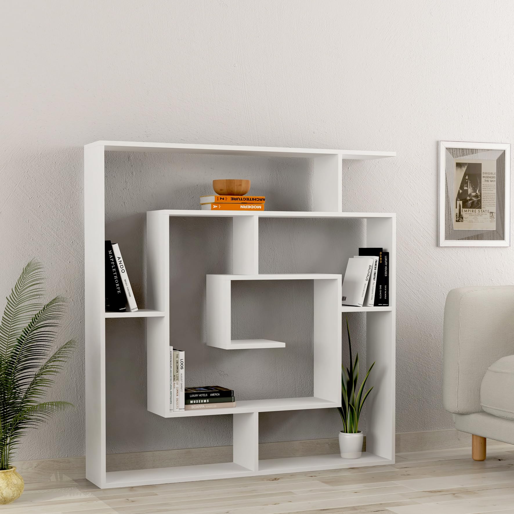 Estantería laberinto. Color Blanco. (Alto 129 cm/Ancho 125 cm/Fondo 32 cm)