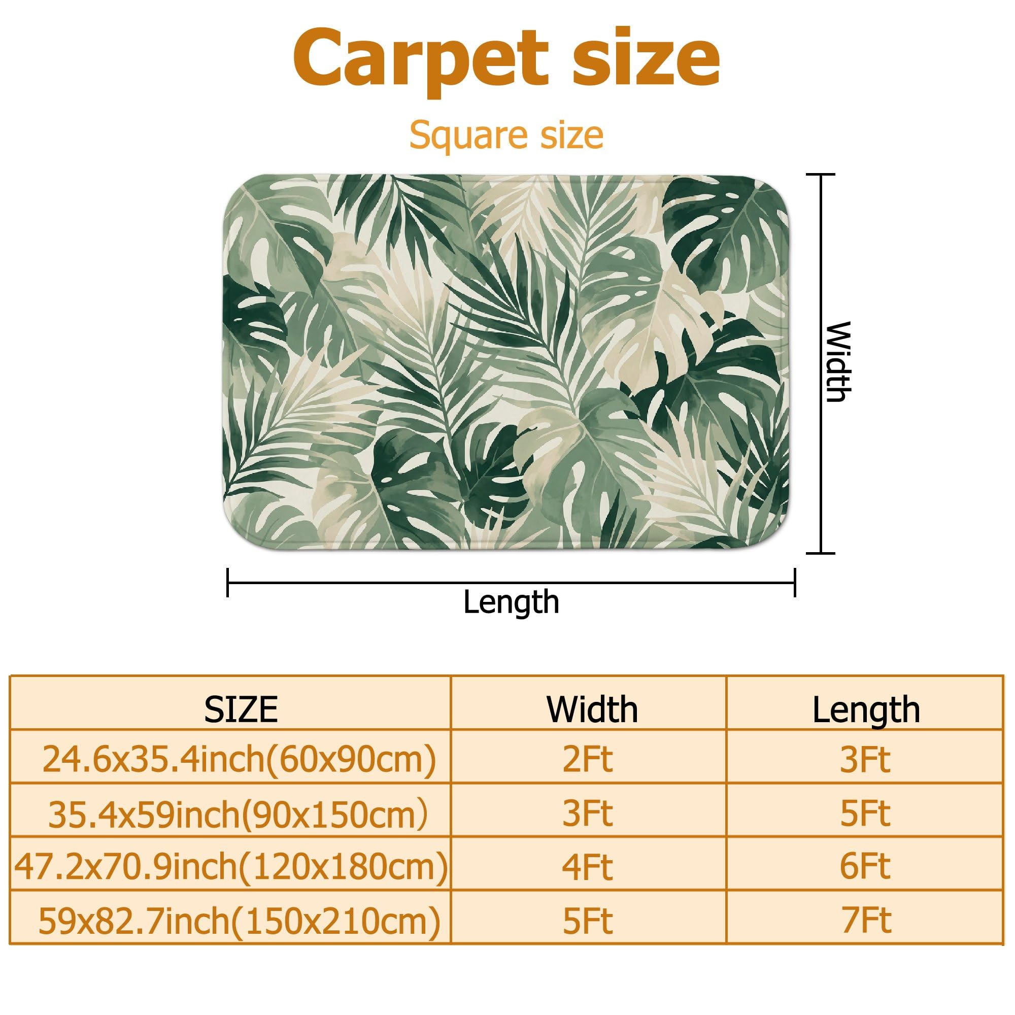 Alfombra de área de hojas, palmeras naturales tropicales, follaje verde de verano, esponja de pelo bajo, suave, rectangular, resistente a las manchas, para sala de estar, dormitorio, cocina, pasillo