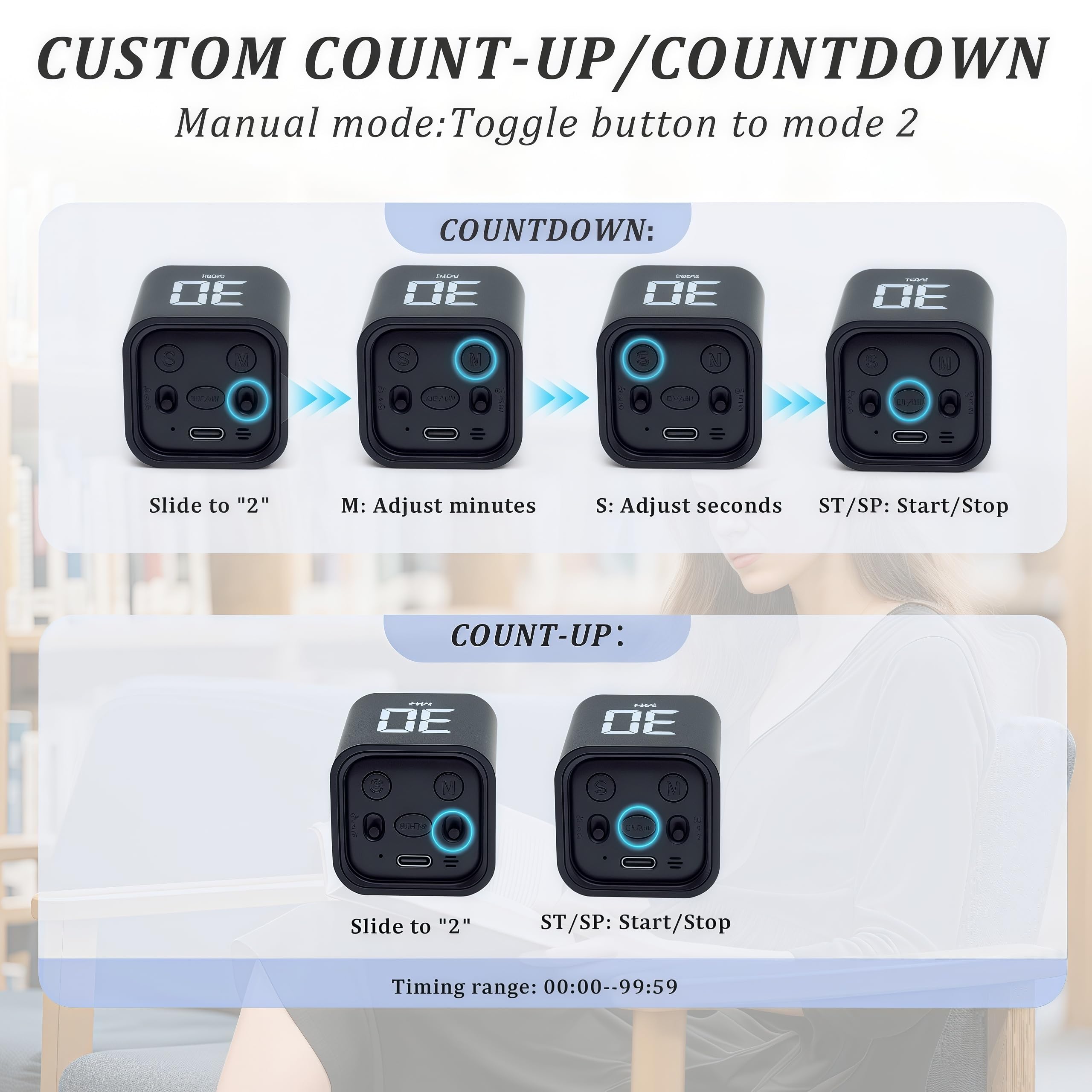 2 temporizadores giratorios Pomodoro de 5, 10, 30, 60 minutos preestablecidos, temporizador de productividad de escritorio, cronómetro de cuenta regresiva de cubo visual, modos personalizados