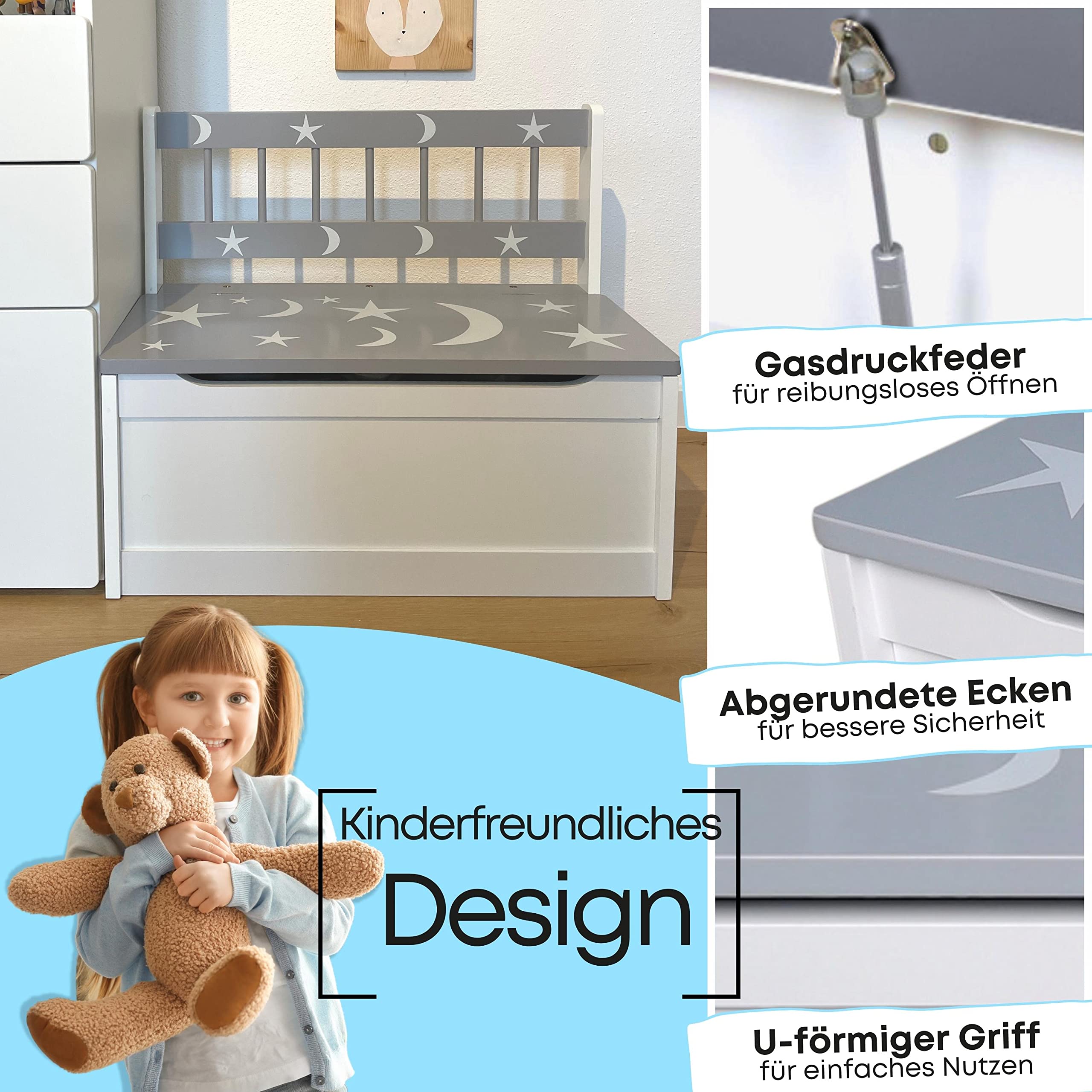 Schauer Kindersitzbank mit Stauraum aus Nadelholz - Spielzeugtruhe mit Sternenmuster 60 x 50 x 30 cm - Sitzbank/Sitztruhe für Kinderzimmer Aufbewahrung Ordnung grau/weiß