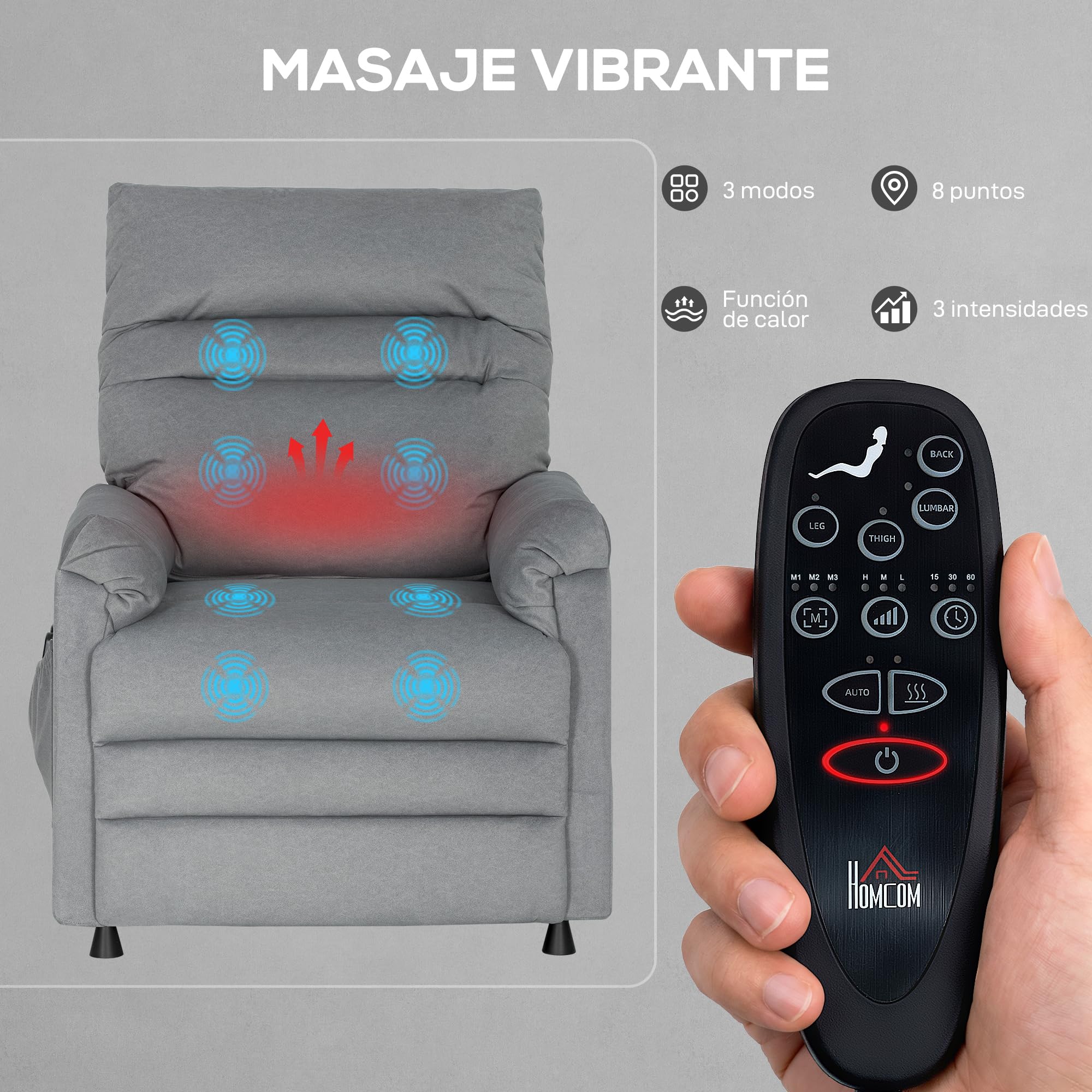 HOMCOM Sillón Relax Reclinable Eléctrico, con Calor Lumbar y Masaje Vibración, Sillón Masaje Relax, Motor Silencioso, Función de Memoria, Bolsillos, Control Remoto con USB, Tejido Pet-Friendly, Gris