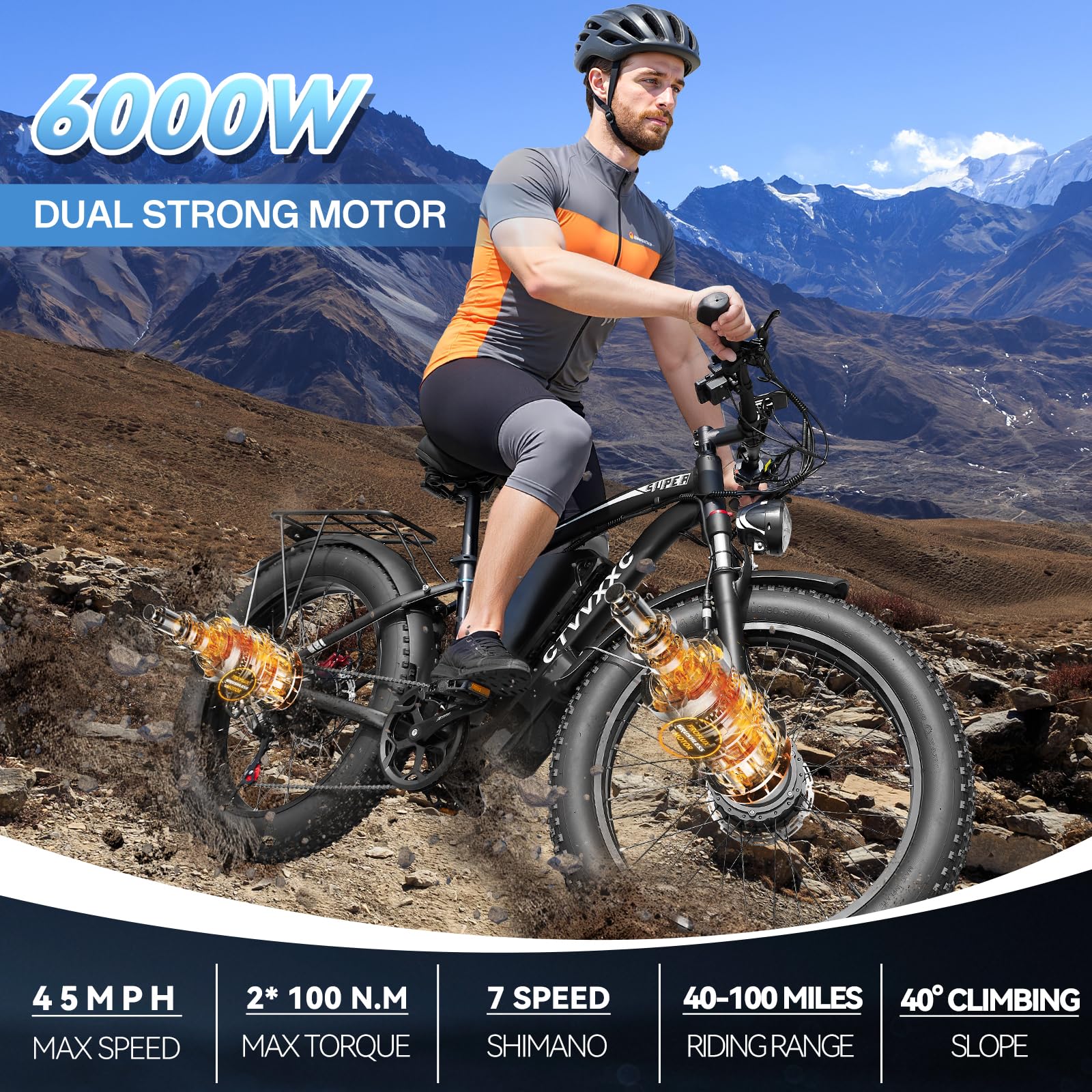 5000W Dual Motor Electric Bike for Adults - 52V 34Ah Fast Ebike with 45 MPH Max Speed for Men,Up to 100 Miles,24" Fat Tire Hydraulic Disc Brake Electric Bicycle,Off-Road Mountain Commuter E-Bike