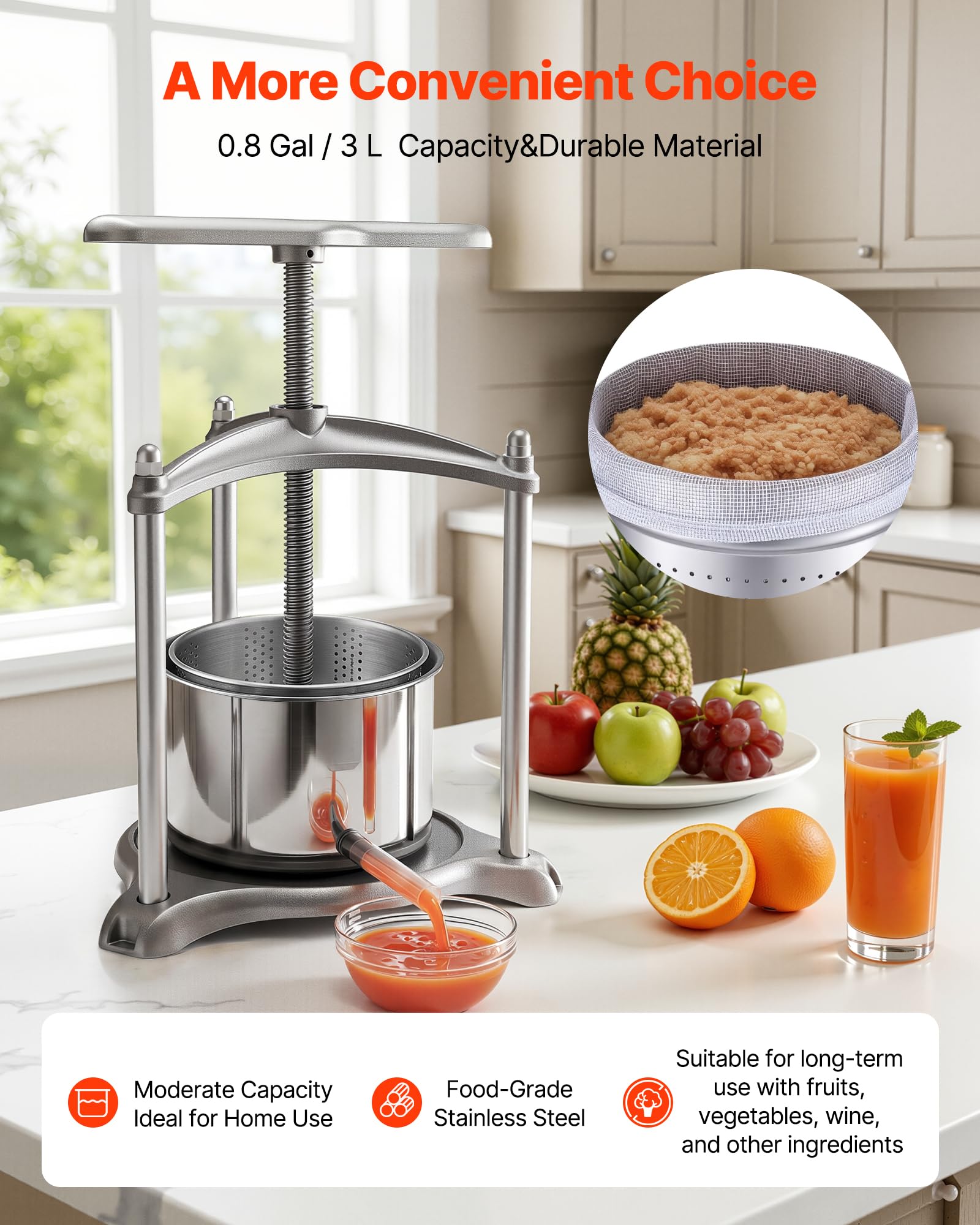 VEVOR Pressa Manuale per Frutti Vino, Premitutto Torchio Manuale Contenitore Interno in Acciaio Inox 3 Litri per Mele Uva Arance Verdure Premitutto con 2 Sacchetti Filtro Manico a Forma di T