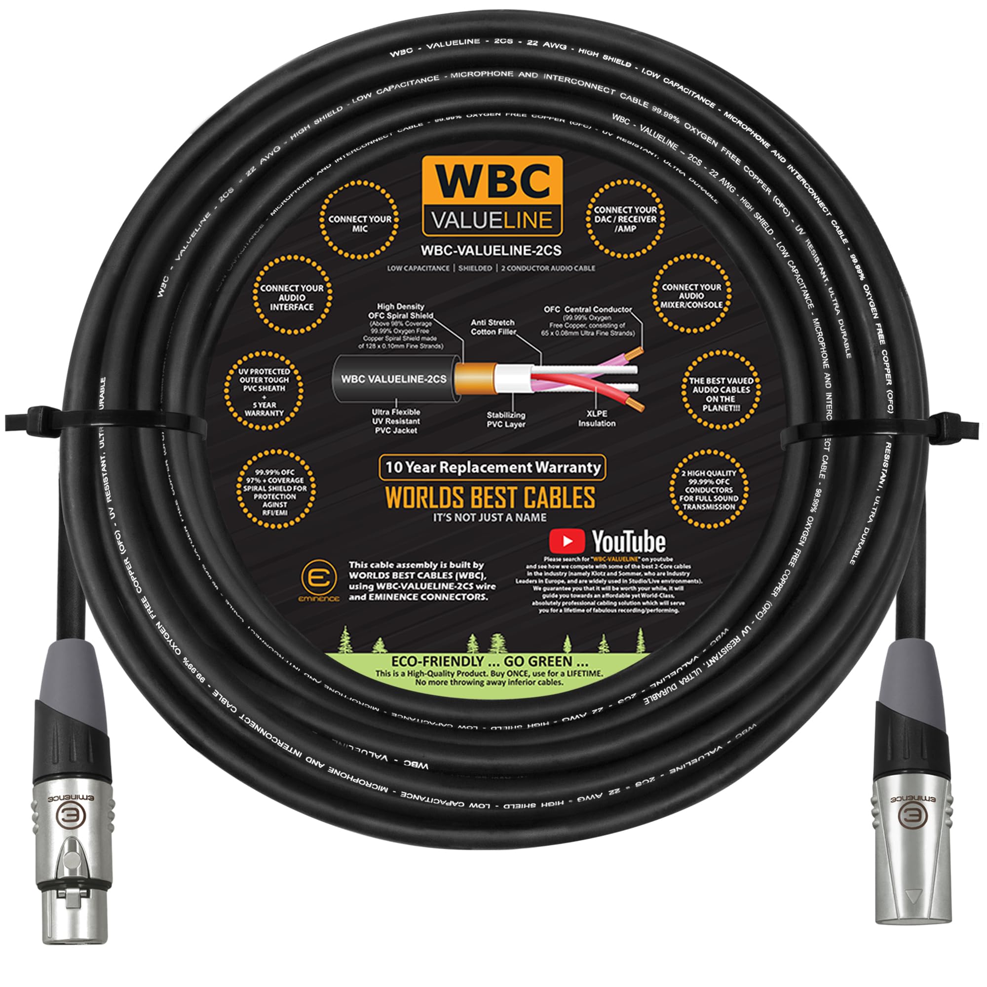 WBC-VALUELINE-2CS (22 AWG) - 125 Foot–Low-Capacitance Shielded Balanced Flexible Microphone, Active-Speaker & Interconnect Cables with Eminence Gold XLR Connectors