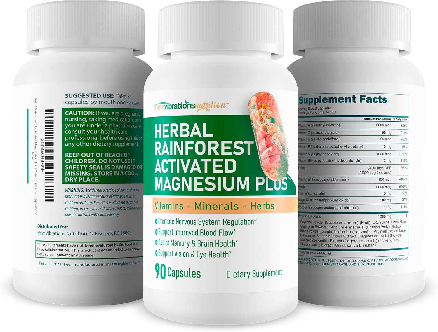 Herbal Rainforest Activated Magnesium Plus - Our Best Magnesium Combo Supplement - with Vitamin D, A, E, K, B6, Folate, B12, Biotin, Iron, Copper, Cayenne, Lions Mane Mushroom, Gingko Biloba & More