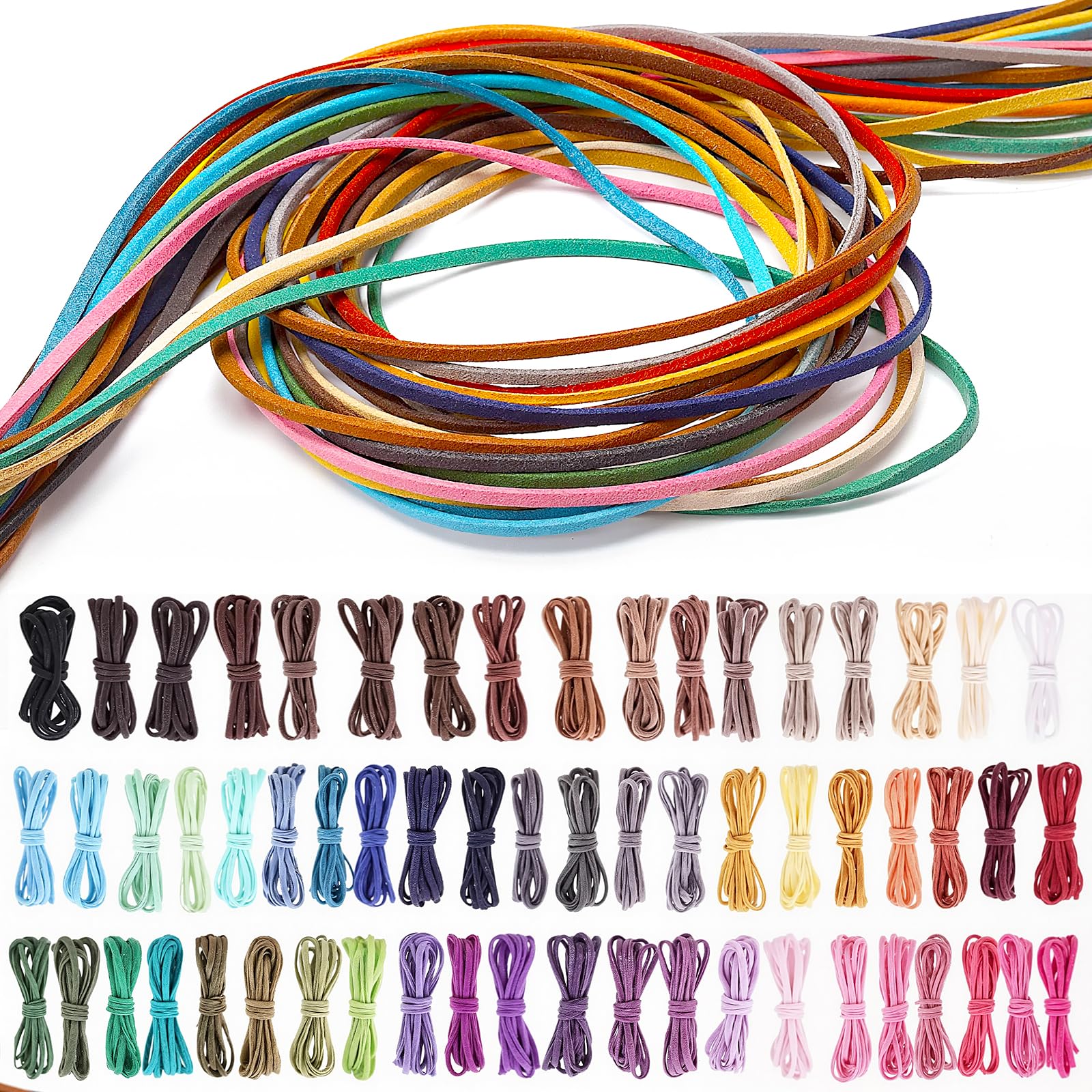 60Pcs Leather String for Jewellery, 1m x 3mm Coloured Cord, Leather Necklace String, Faux Suede Cord for Bracelet, Necklace, Key Rings, Jewellery and Gift Making DIY Crafts