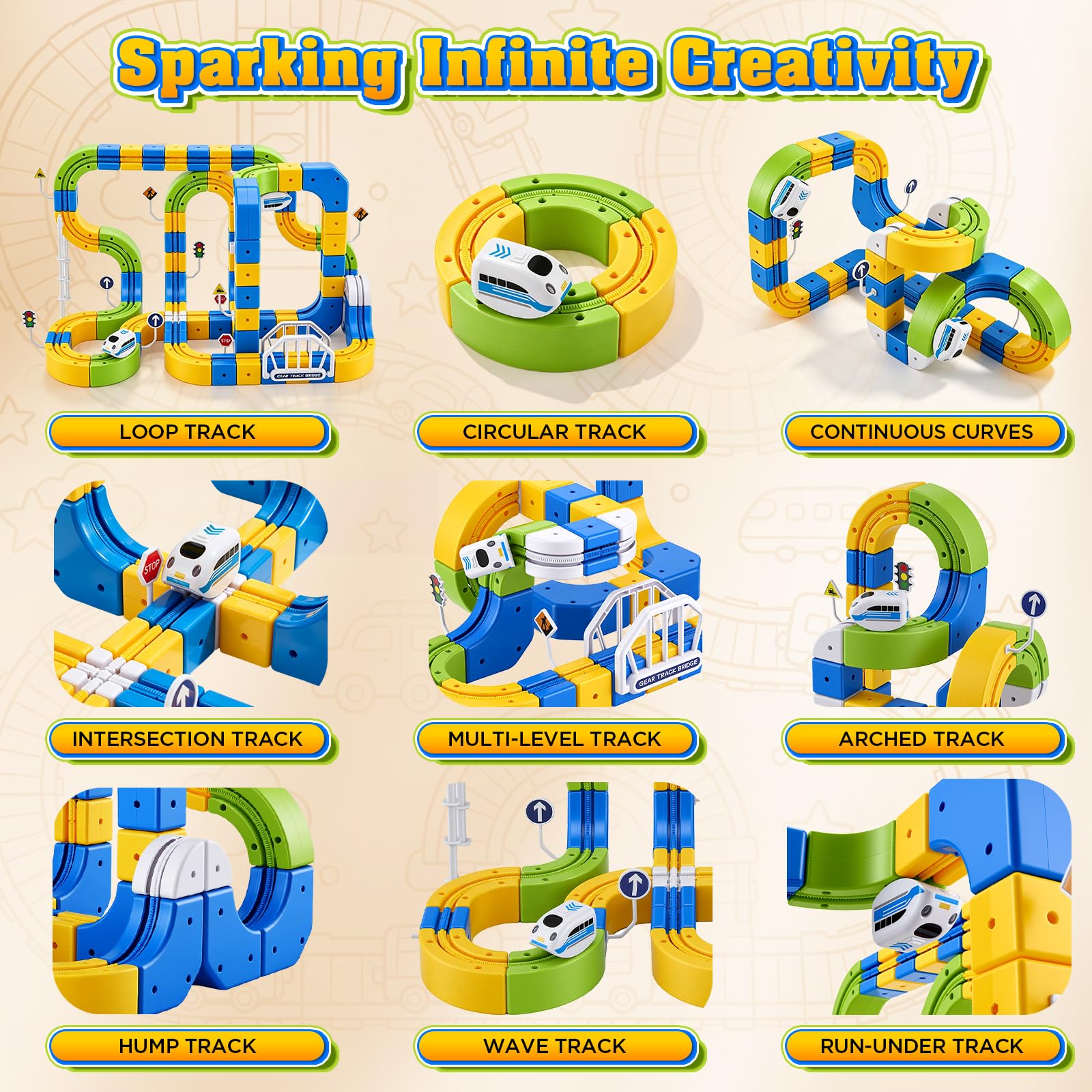 Set di trenino elettrico Click-Rail da 225 pezzi con 2 trenini più piccoli, binari flessibili, trenino a blocchi cubi fai-da-te con tracciati 3D che sfidano la gravità, ferrovia e blocchi magici