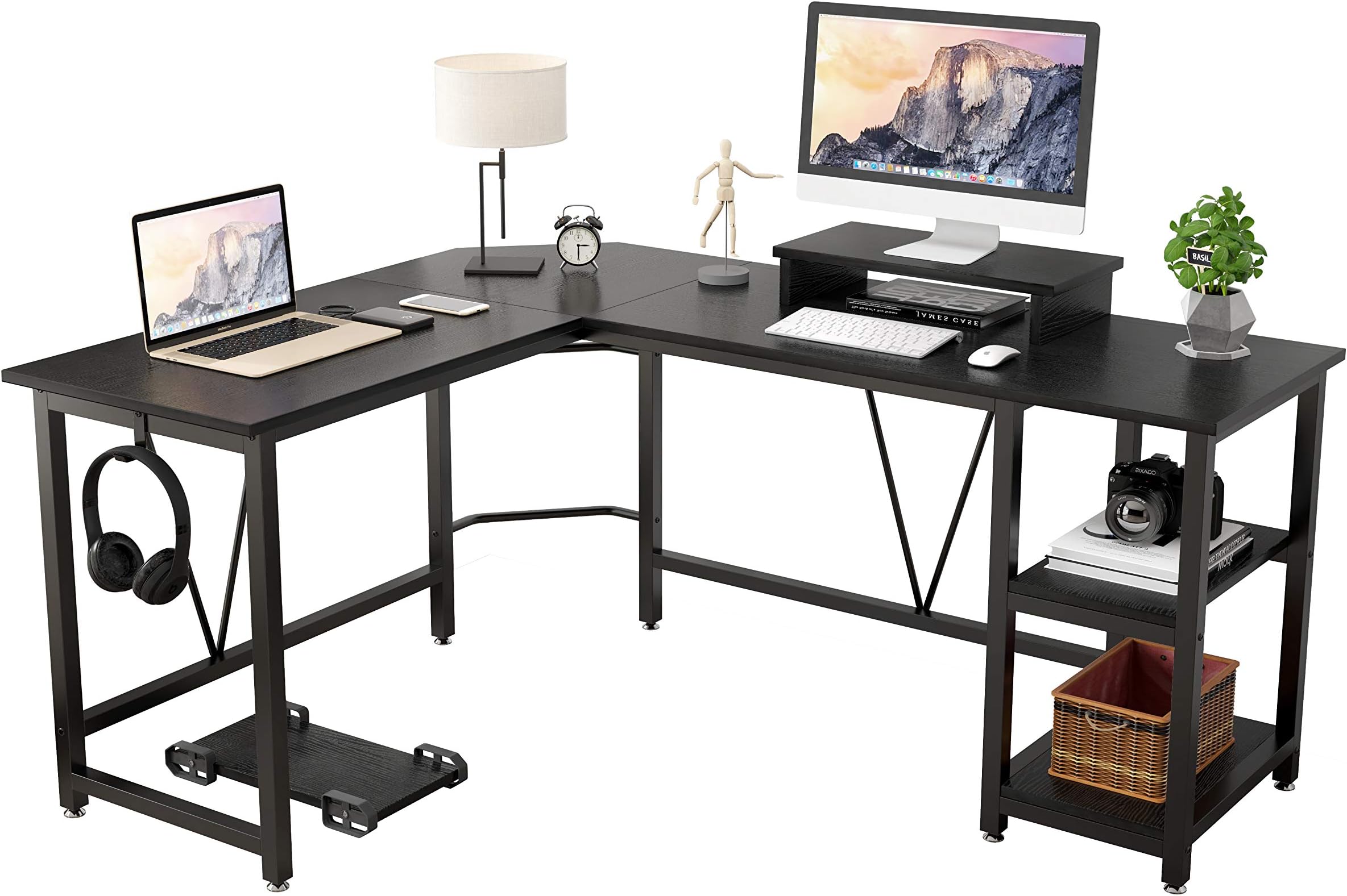 Devoko L Shaped Gaming Desk with LED Lights 160cm Corner Gaming Desk ...