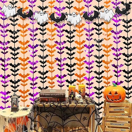 Miniatura 4 de Paquete de 3 cortinas de flecos de aluminio de murciélago para Halloween, incluye pancarta, decoración de pared para decoración de fiesta de