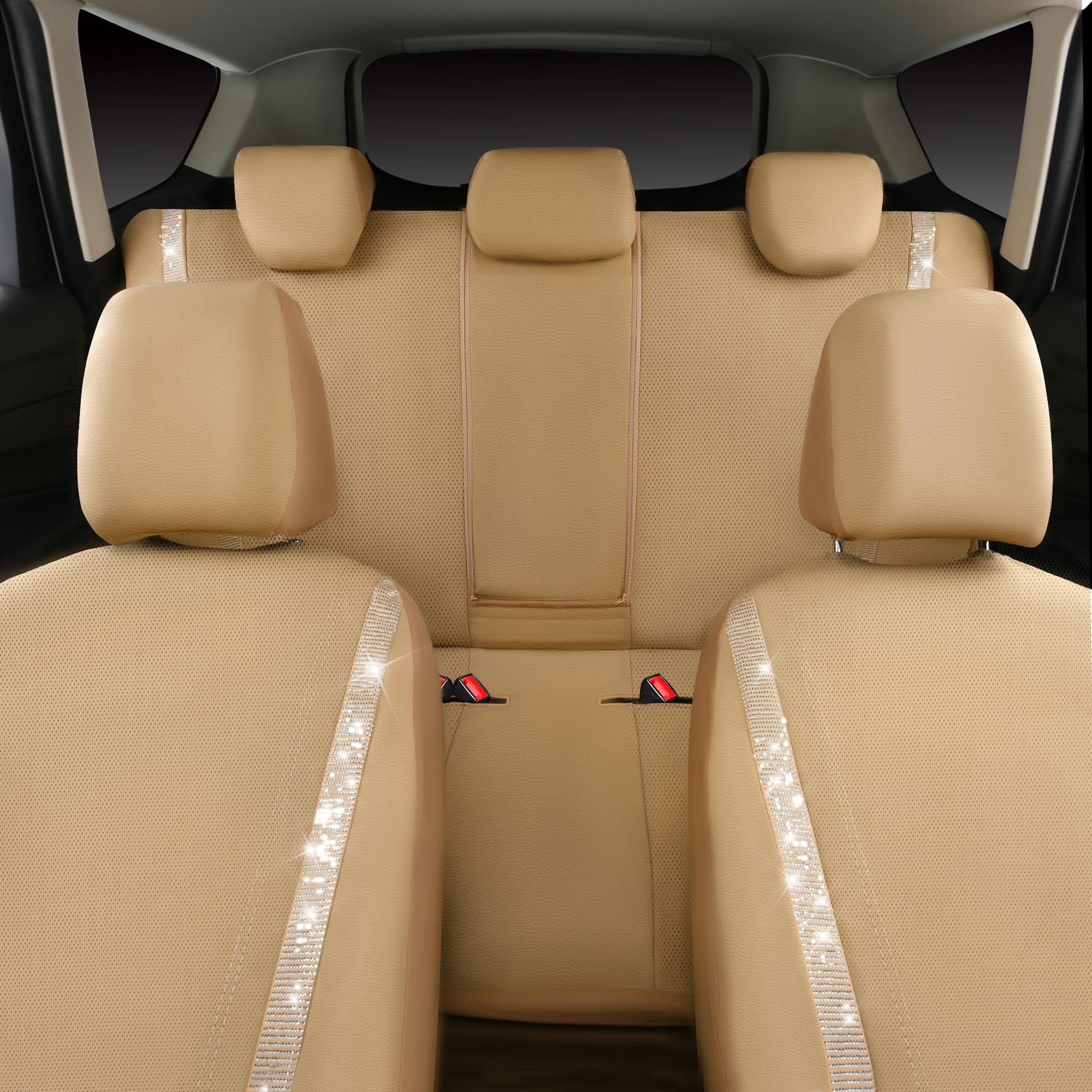 CAR PASS Bling Car Seat Covers Full Set, Shining Glitter Rhinestone Diamond Waterproof Faux Leather Interior Sets Universal Fit Automotive Glitter Crystal Sparkle Strips for Cute Women Girl, Beige