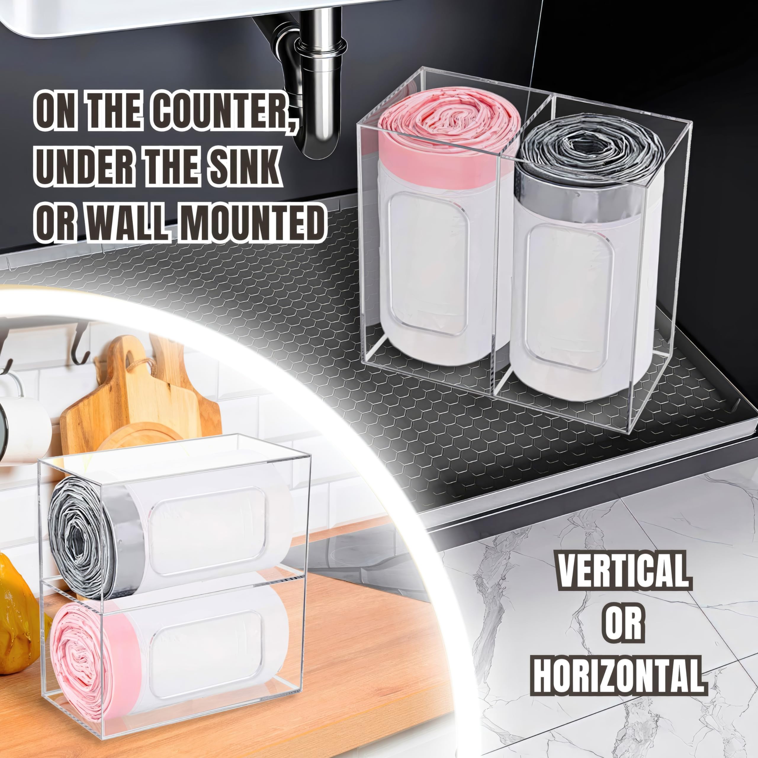 Dispenser per sacchetti della spazzatura – Dispenser per sacchetti della spazzatura in acrilico a 2 scomparti, montaggio a parete e sotto il lavandino, organizer per armadietti da cucina, organizer