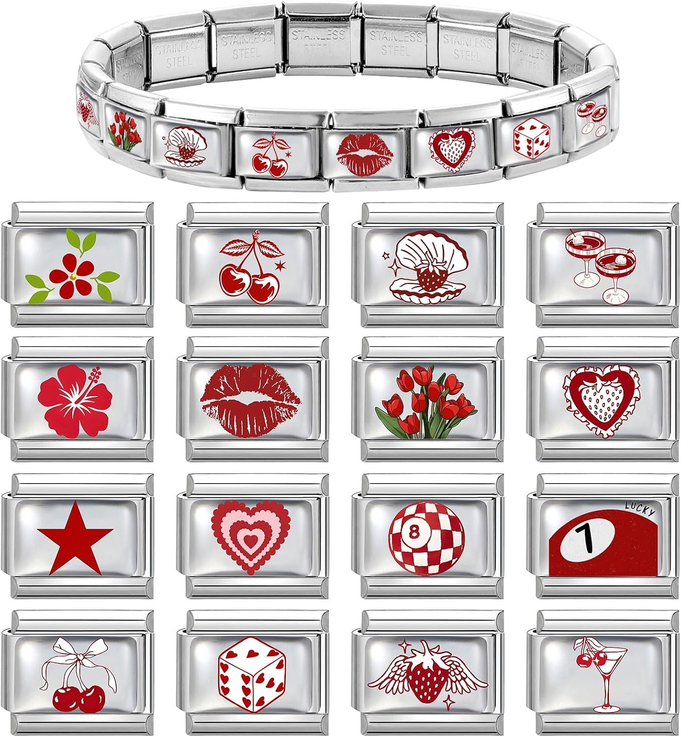 papasgix Italian Charm Bracelet Charms Silver Set with Starter Brascelet, Red Assorted Italian Charms for Bracelets and Opening Tool, 9mm Modular Italian Charm Bulk Pack Links Handmade DIY Jewelry