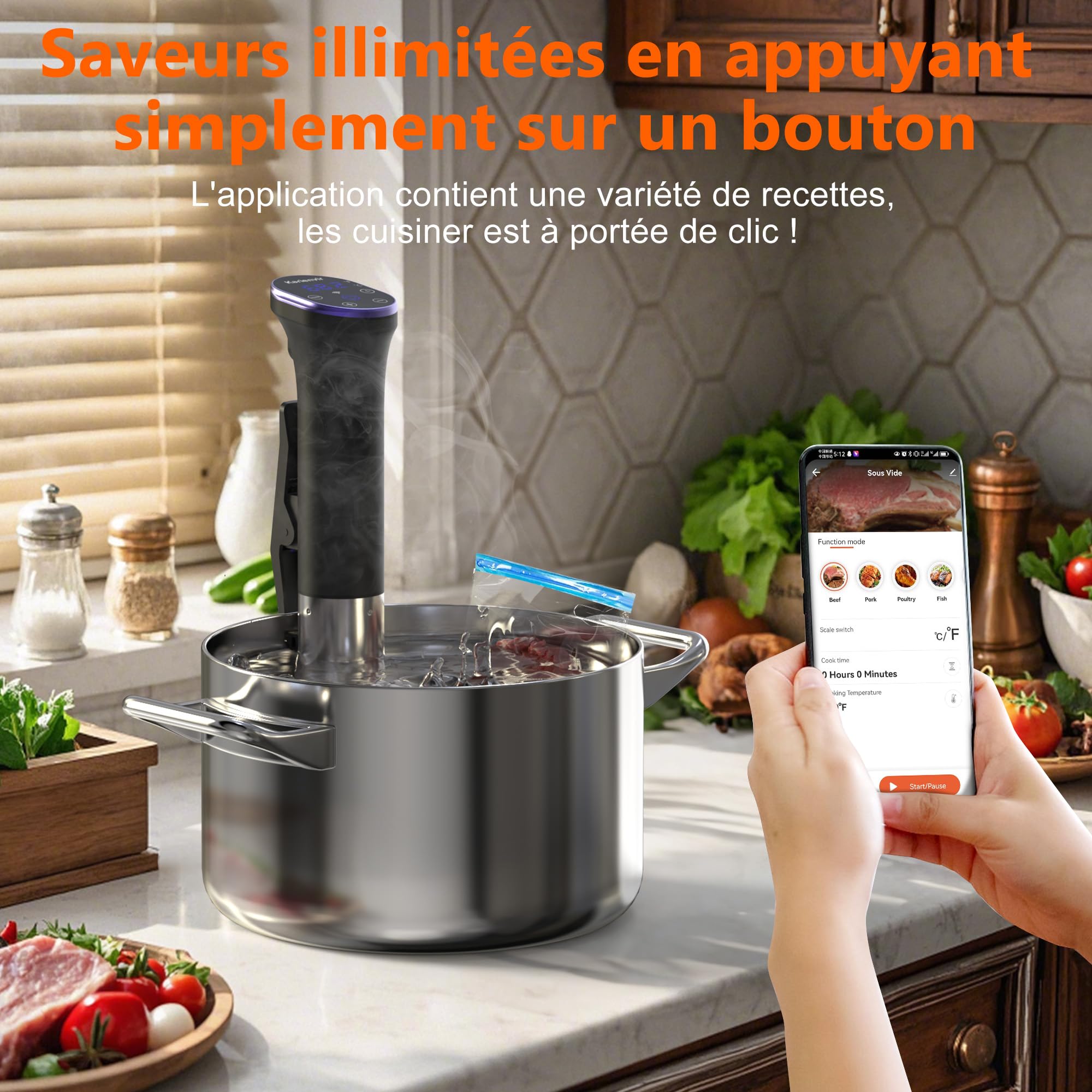 Cuiseur Sous Vide, Imperméable à l'eau,Calculateur dImmersion Cuisinière, Thermostat Réglable Contrôle Précis de la Température, Écran Tactile LCD 10 à 90℃