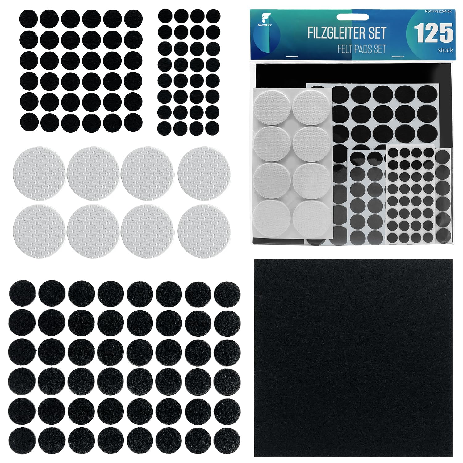 Shinfly - Furniture Skates (125 Pieces, Self-Adhesive, Furniture Cushion, 3 | Round, 3mm thick felt for chairs, wooden and tile floors, protects from scratches and reduces noise