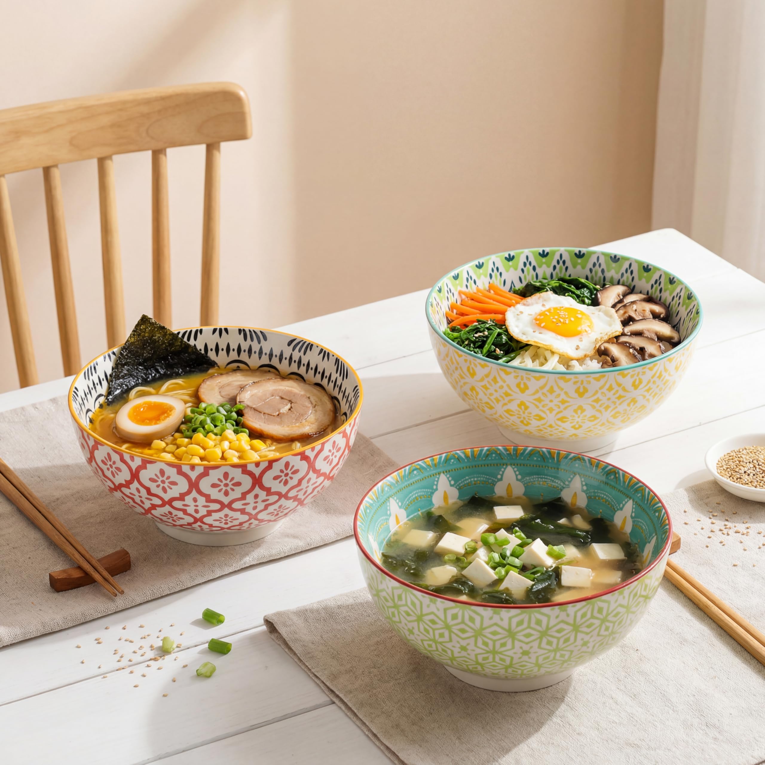 AHX Ensaladera Cuenco Ramen 1.7 Liters - Bol Ensalada Porcelana - 3 Piezas Grande Cuencos Sopa 20 cm - Aptos para Lavavajillas y Microondas