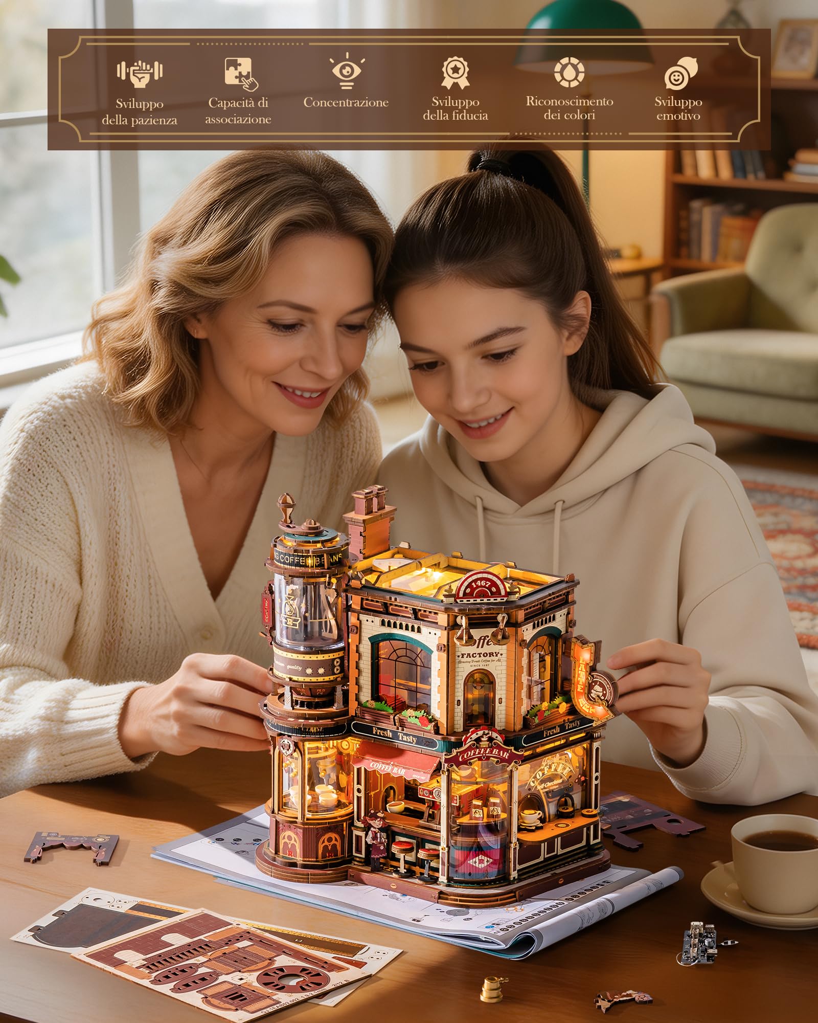 ROBOTIME Puzzle 3D in legno per adulti da costruire – Dream Coffe Factory, kit di costruzione in miniatura con musica, luci e scene animate, casa in miniatura/Book Nook Café EAB02