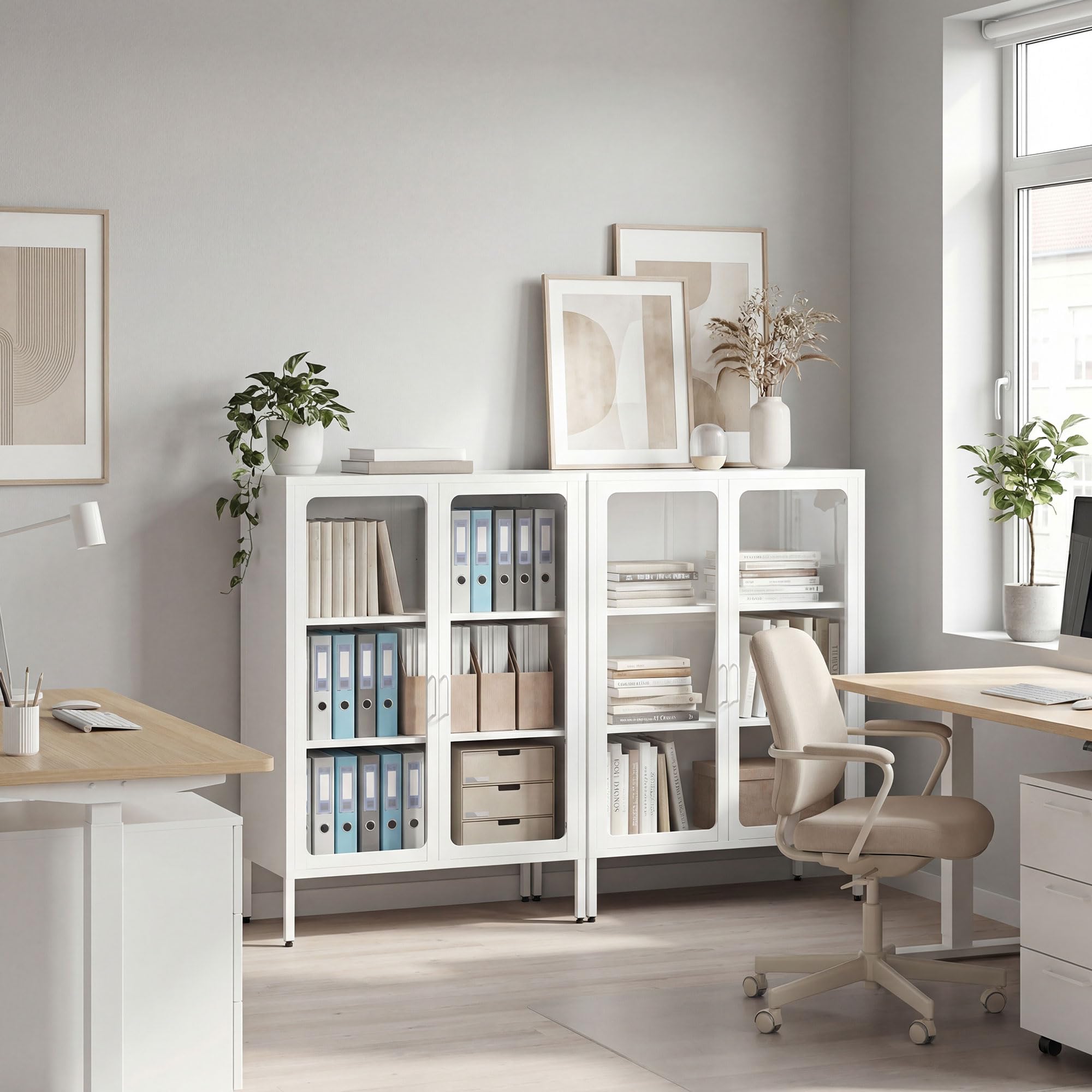 HOMCOM Armadio Portadocumenti in Acciaio a 2 Ante in Vetro Temperato, Schedario da Ufficio con Ripiani Regolabili, Mobiletto Multiuso Portaoggetti, per Ufficio Studio Casa, 80x40x110 cm, Bianco