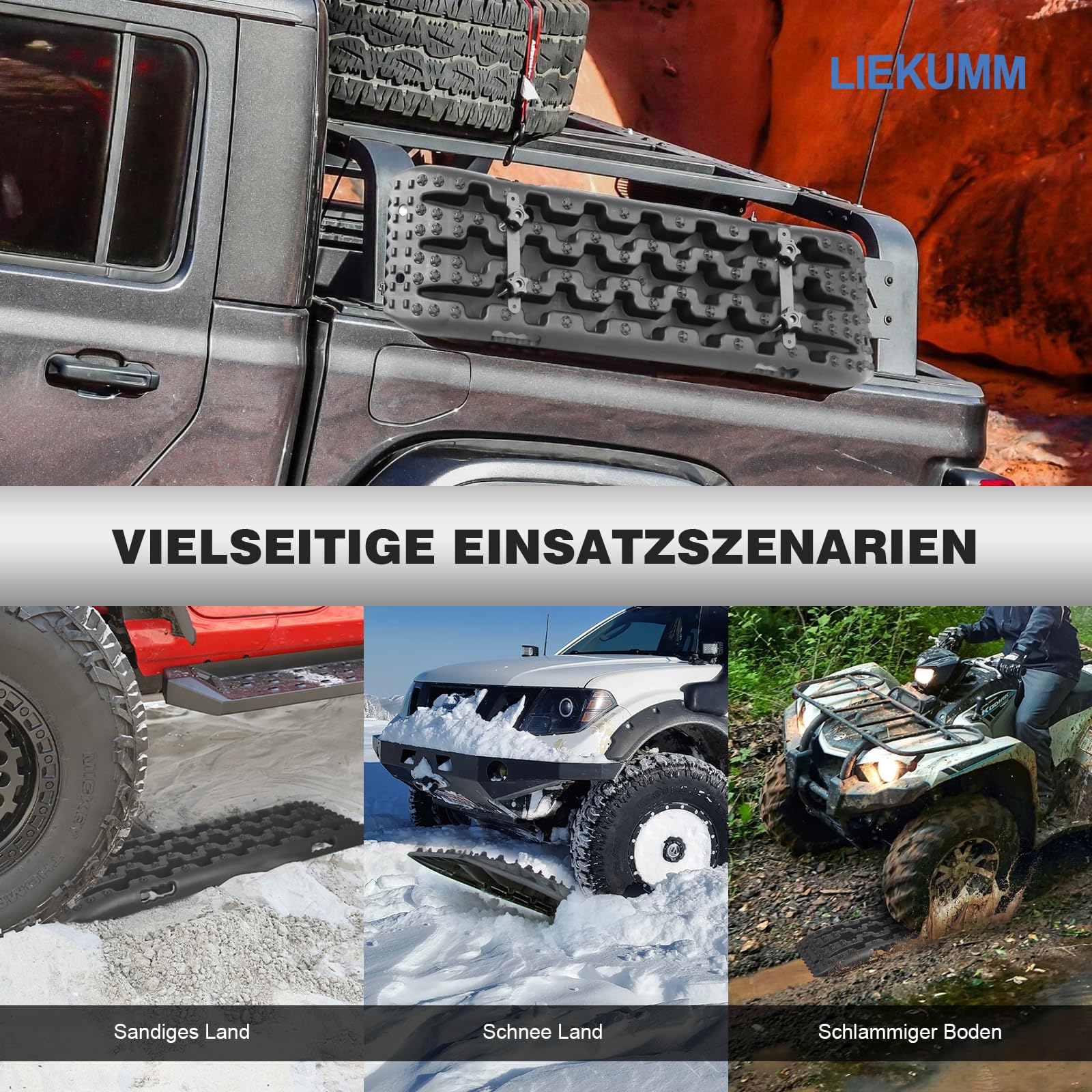 LIEKUMM 2 Stücke Sandbleche Offroad, 104,5 x 28 cm Sandbleche Kunststoff, 10 T Tragkraft Sandbleche Wohnmobil, Kunststoff Sandblech für Geländewagen PKW LKW, Sandboard für Sand Schlamm Schne