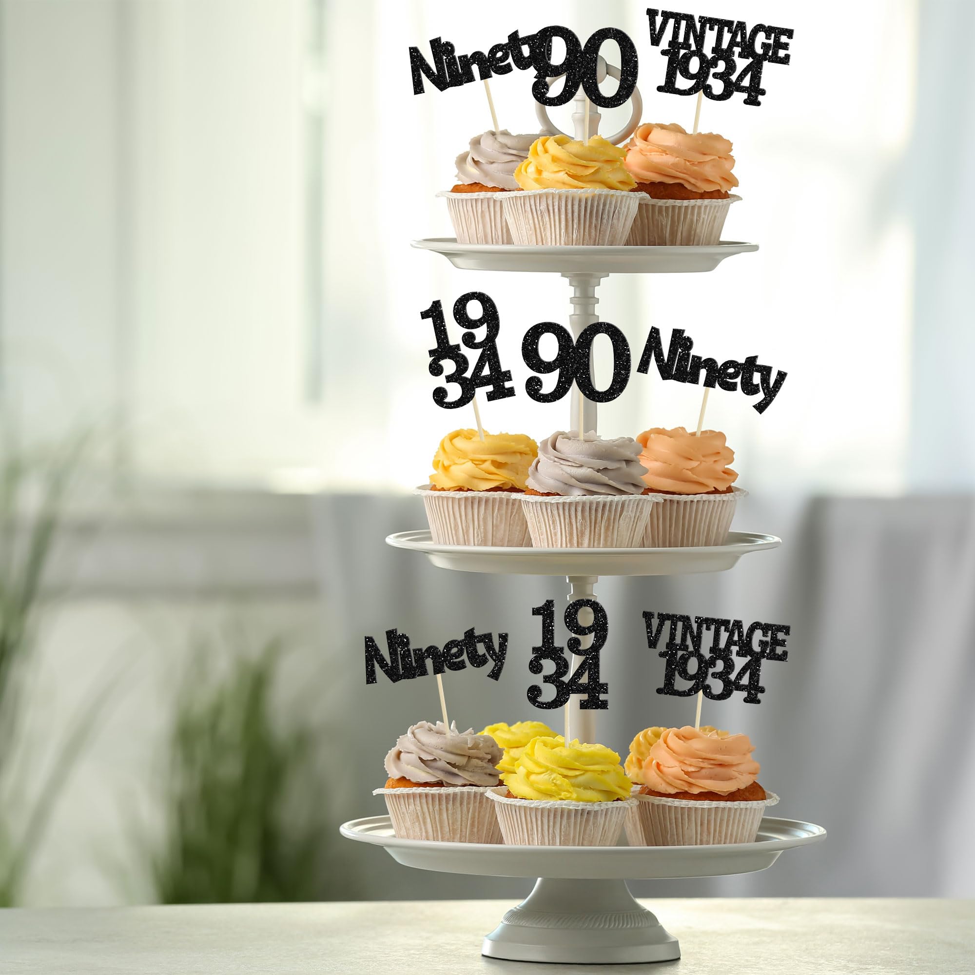 ZHUOWEISM Lot De 24 Décorations Dorées « Happy 90th Birthday » Pour Cupcakes « 90e Anniversaire » - Fabulous Vintage 1934 - Décorations De Gâteaux Pour Anniversaire De Mariage