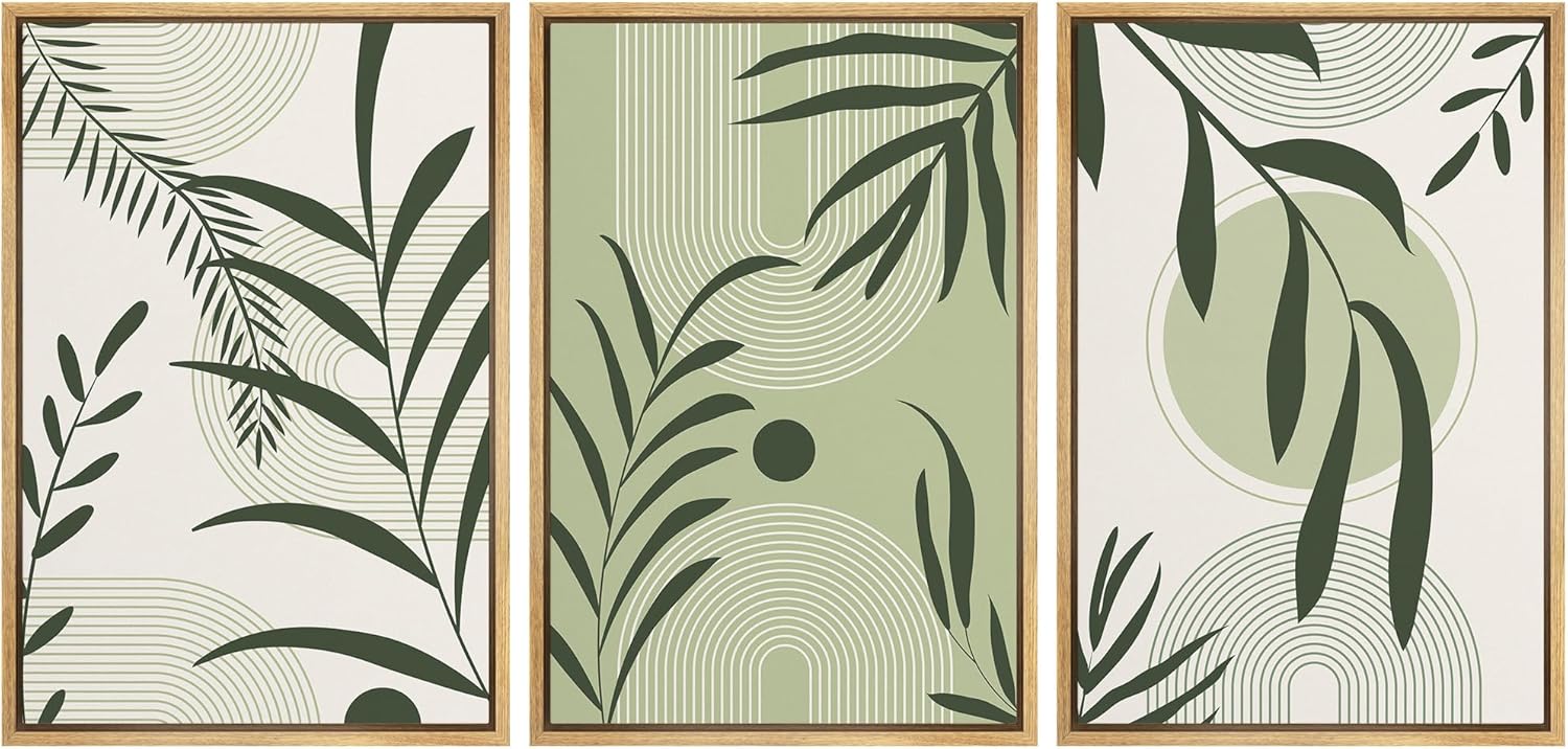 NWT Framed Canvas Print Wall Art Set Mid-Century Modern Sage Green Tropical Leaf Nature Wilderness Illustrations Modern Art Decorative Minimalist Floral Botanical for Bedroom - 24"x36"x3 Natural