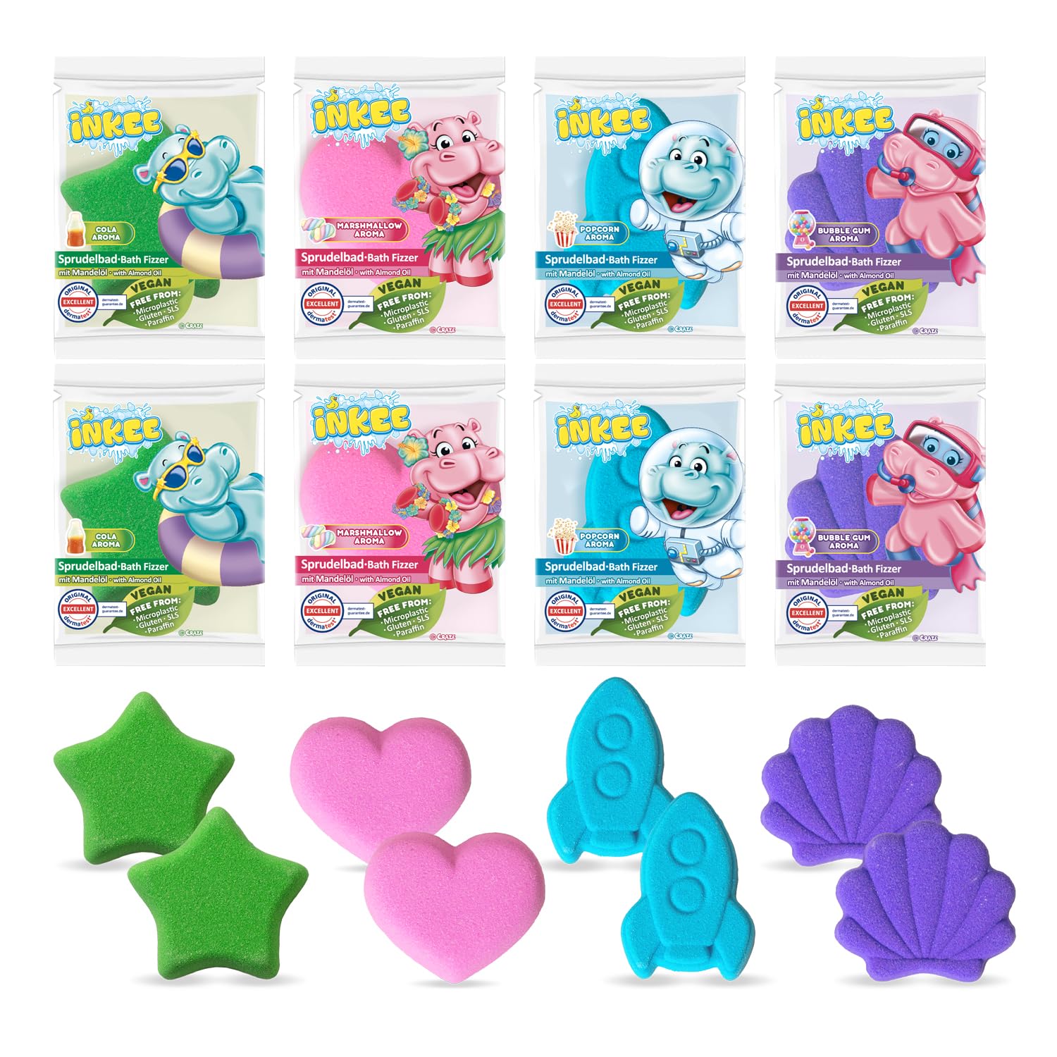 INKEE Bath Fizzer Mix 8er Pack - 8x Sprudelbad Kinder Badebomben mit Mandelöl, Badekugeln 8x 20g mit Aroma - Kinder Badezusatz