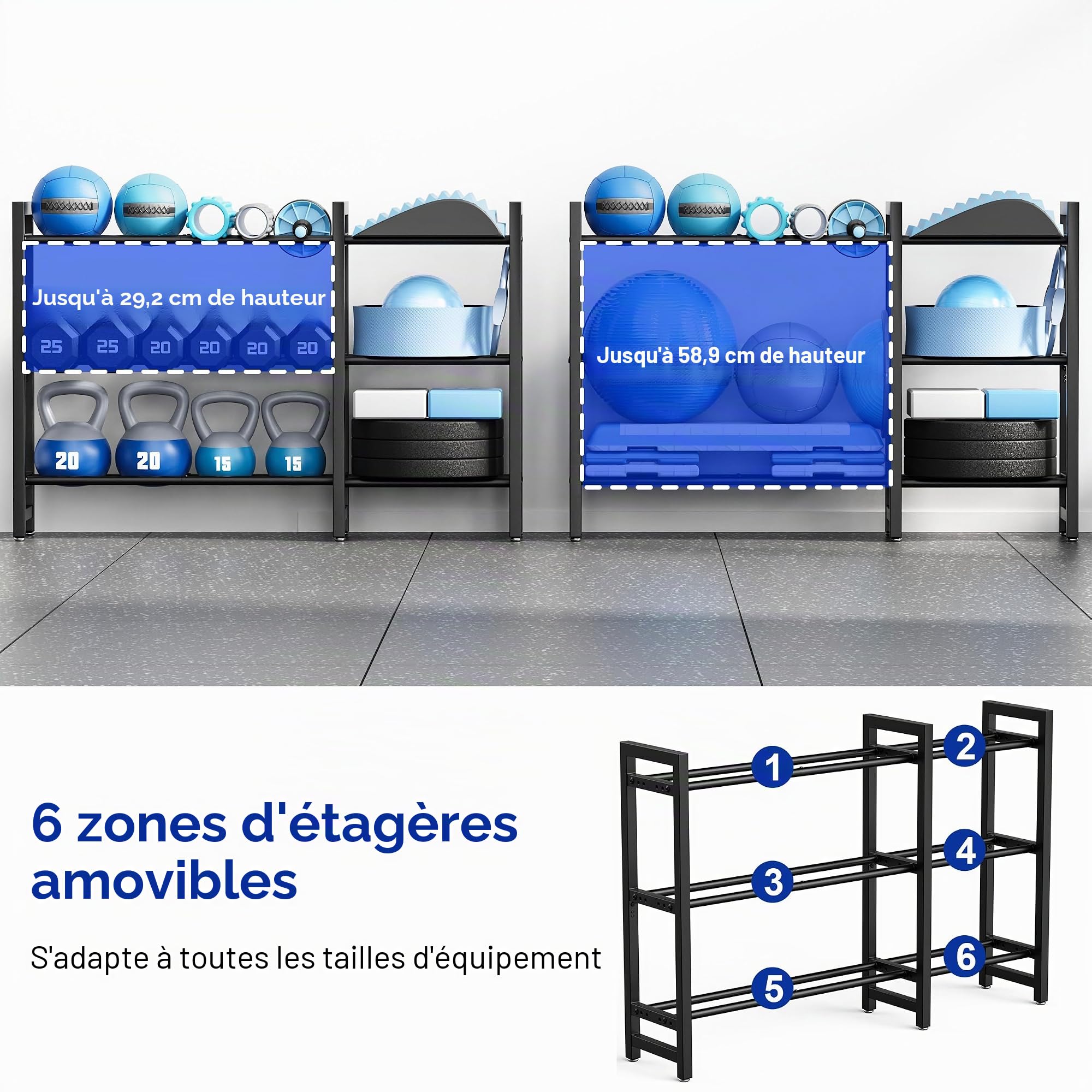 Support d'haltères à 3 niveaux de rangement pour haltères 127 cm de long pour salle de sport à domicile espacement réglable