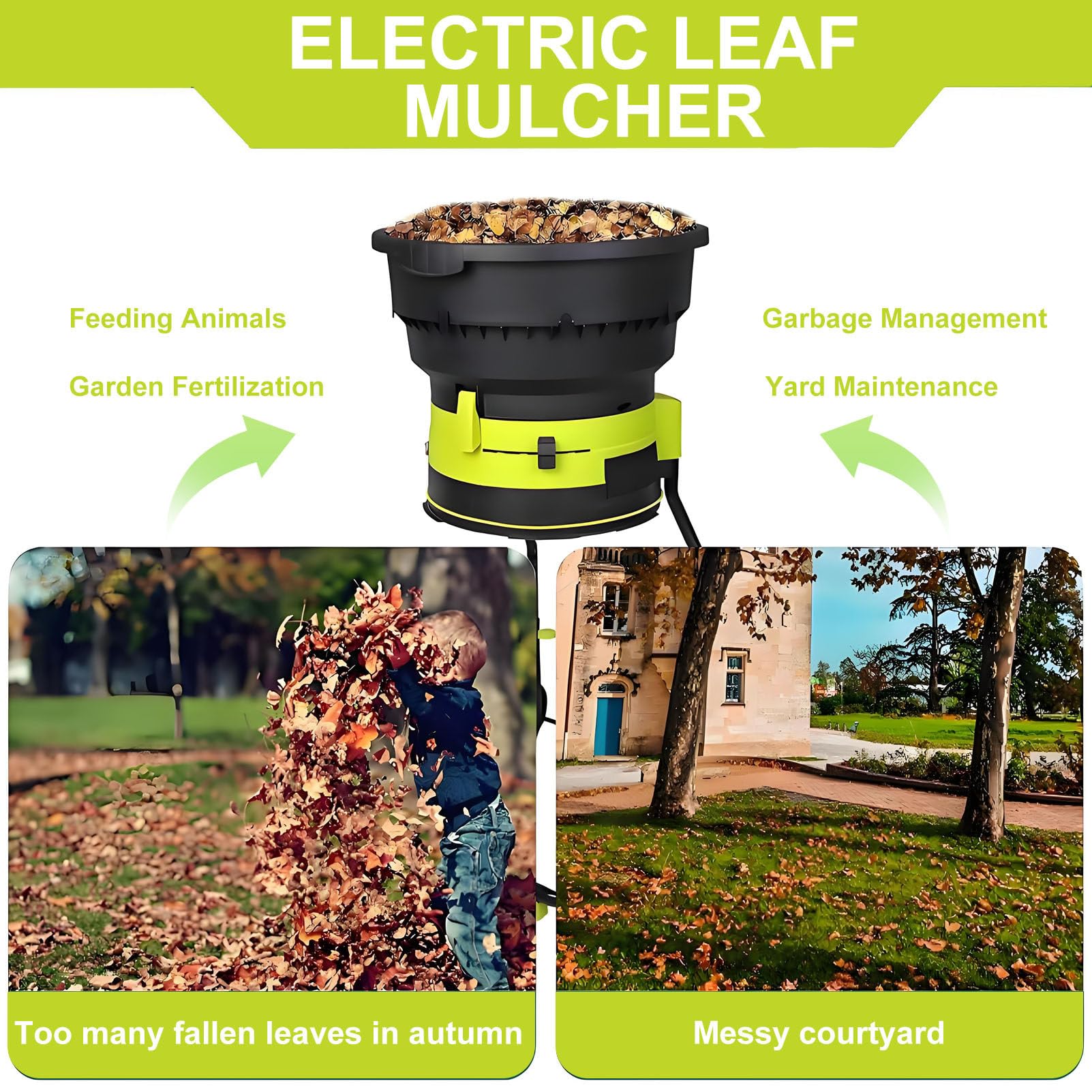 Trituradora de jardín eléctrica, trituradora de Hojas, 2500 W de Potencia, 8000 RPM, relación de trituración de 17:1, para el Mantenimiento del jardín doméstico. LeafShredder+NoPowercord