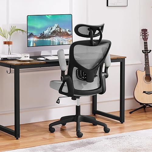 Yaheetech Silla ergonómica de oficina, silla de escritorio de malla con reposacabezas ajustable y soporte lumbar, silla giratoria con reposabrazos