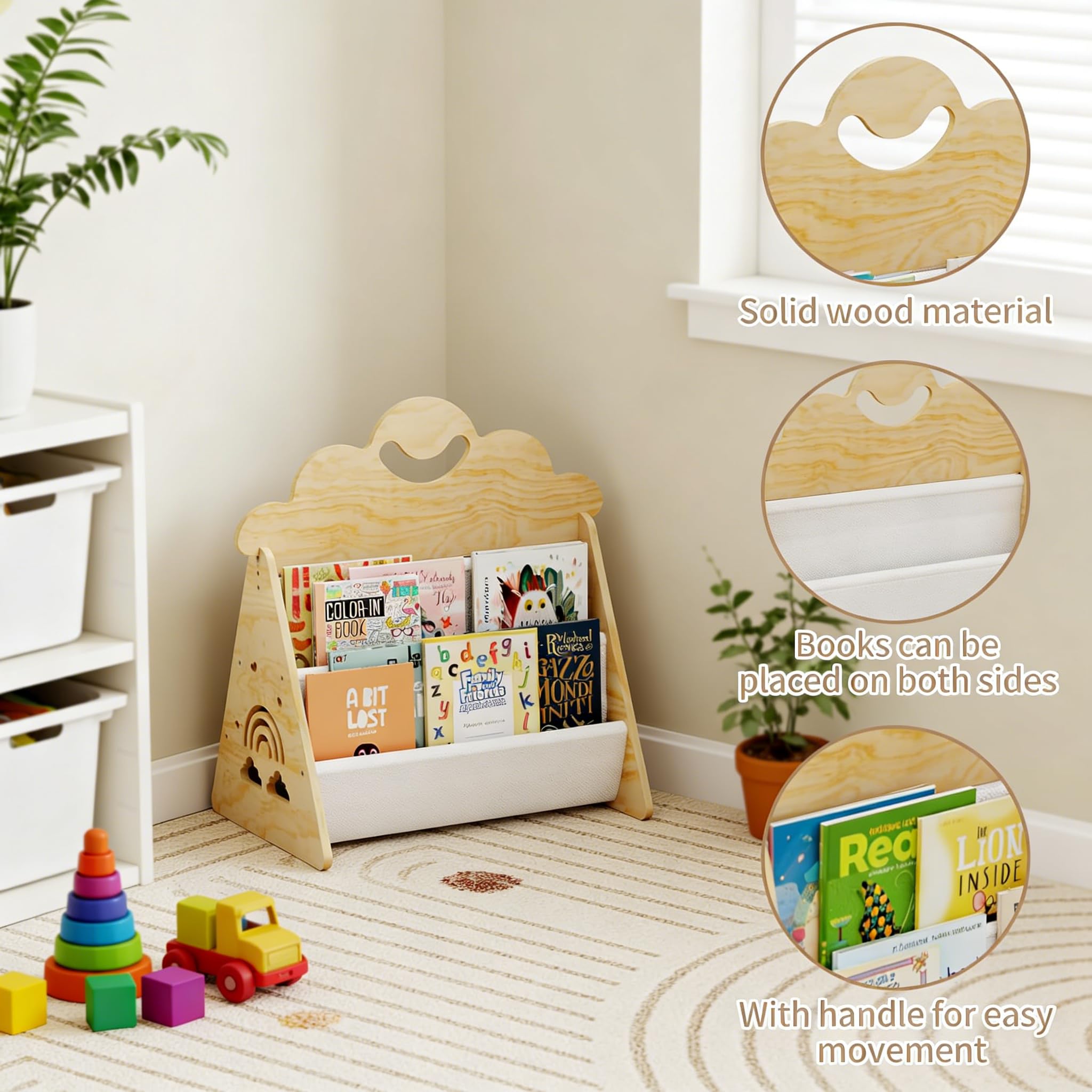 CEWROM Montessori Bibliothèque en bois pour enfants, double face avec poches en toile robuste, portable avec poignée, pour chambre d'enfant, salle de jeux et maternelle