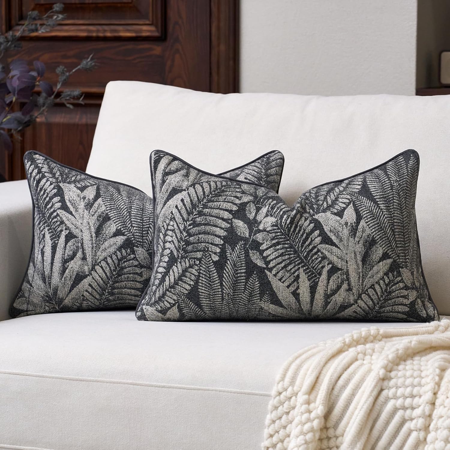 Aeckself Pack of 2 Decorative Chenille Floral Throw Pillow Covers Vintage Couch Pillow Covers 18 x 18 Inch Neutral Farmhouse Cushion Covers Home Decor for Sofa Bed Living Room Brown