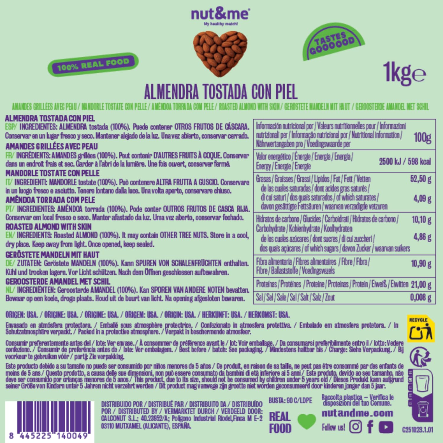nut&me Almendras tostadas sin sal 1kg Sin gluten Keto Frutos secos Proteina vegana