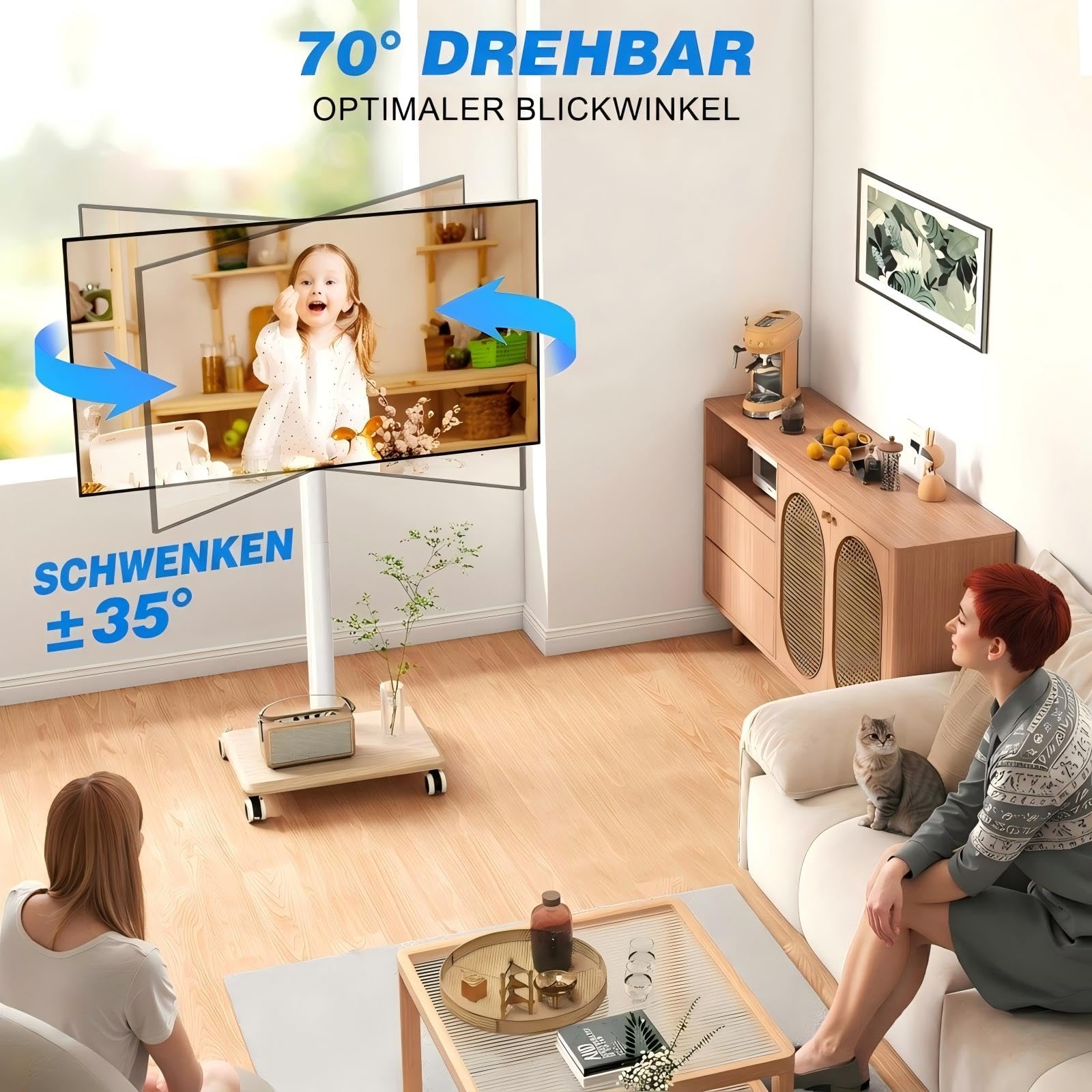 5Rcom Universal TV Ständer Rollbar mit Holzbasis für 27-60 Zoll Fernseher, Fernsehständer mit Rollen, Höhenverstellbarer und Schwenkbar, Mobiler TV Standfuß bis 40kg, Max. VESA 400x400mm (Beige)